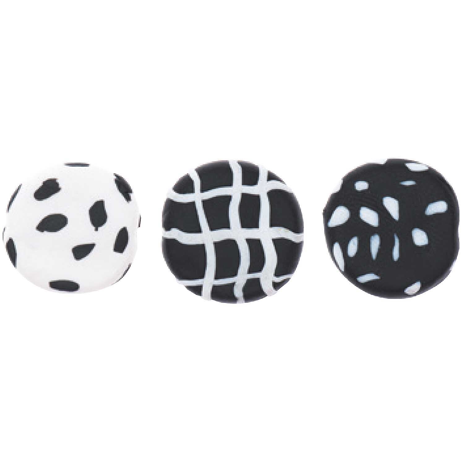 Scheiben Mix 5,5x20mm 3 Stück von Rico Design: Drei schwarz-weiße Scheiben mit verschiedenen Mustern.