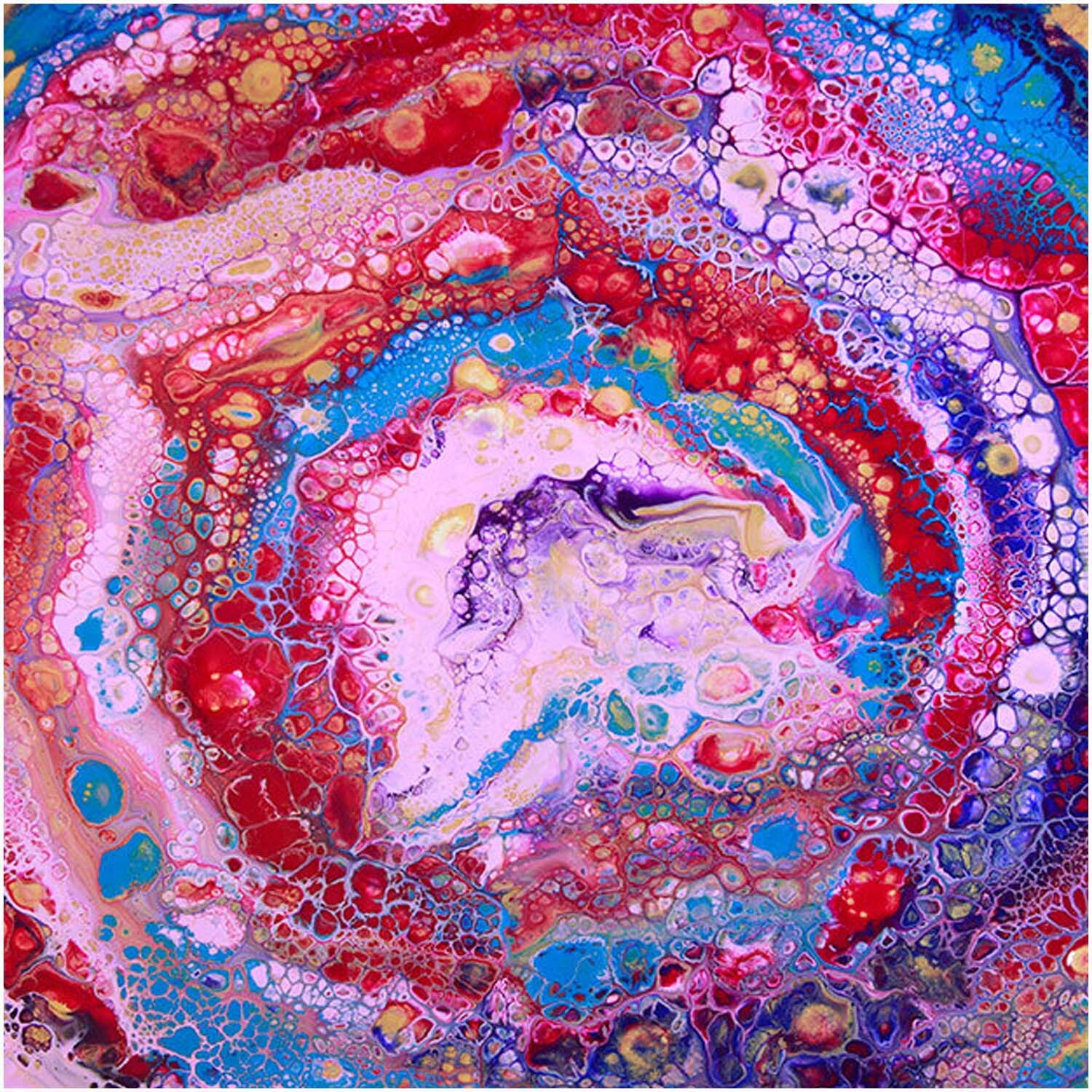 Acrylic Pouring: Lebendiges Kunstwerk mit bunten, fließenden Farben und zellartigen Mustern.