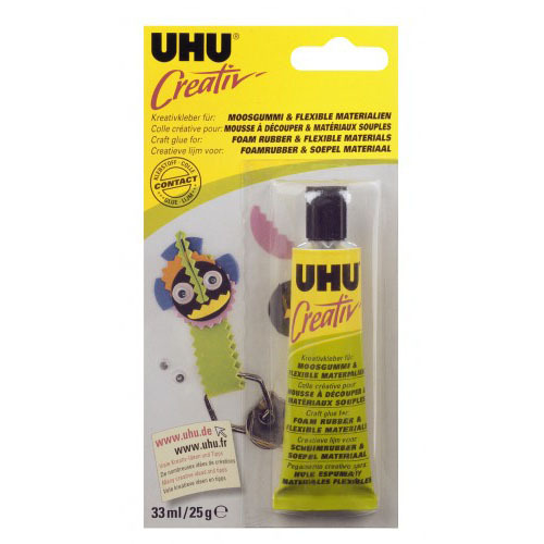 Creativ Klebstoff Moosgummi und flexible Materialien 33ml von UHU in gelber Tube, ideal für Bastelprojekte mit Moosgummi.