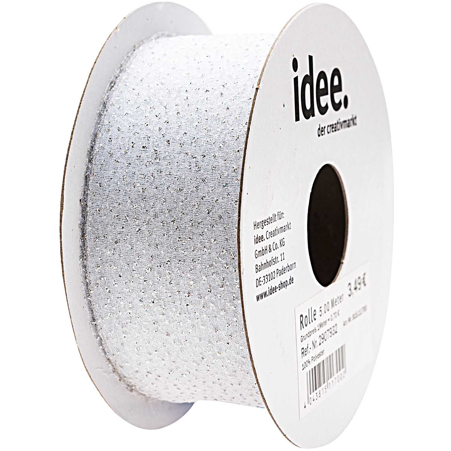 Tüllband mit Glitter 38mm 5m Farbe Weiß von idee. Creativmarkt 