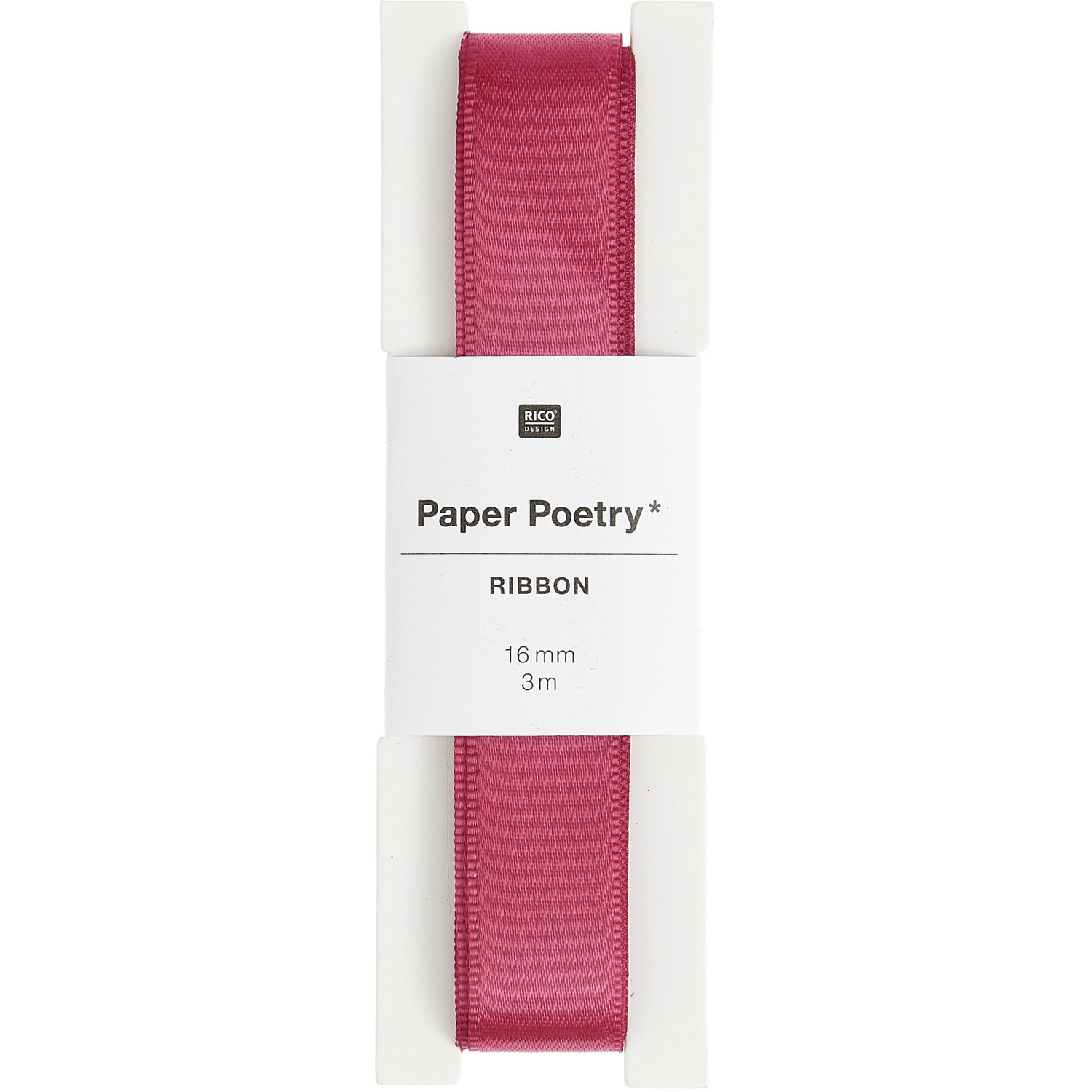 Paper Poetry Satinband in Beere, 16mm breit, 3m lang, von Rico Design, auf weißem Hintergrund.