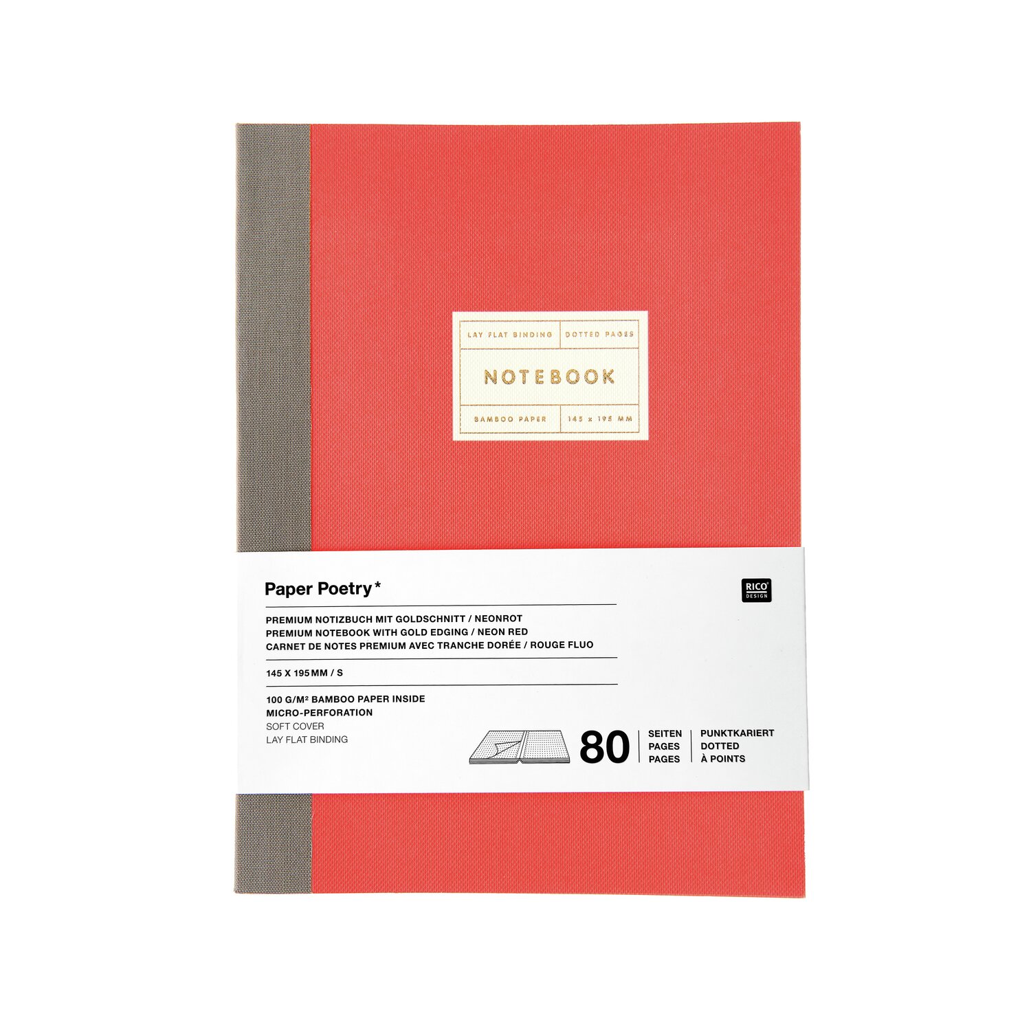Paper Poetry Notizbuch S in Neonrot mit Goldrand von Rico Design, ideal für kreative Notizen.