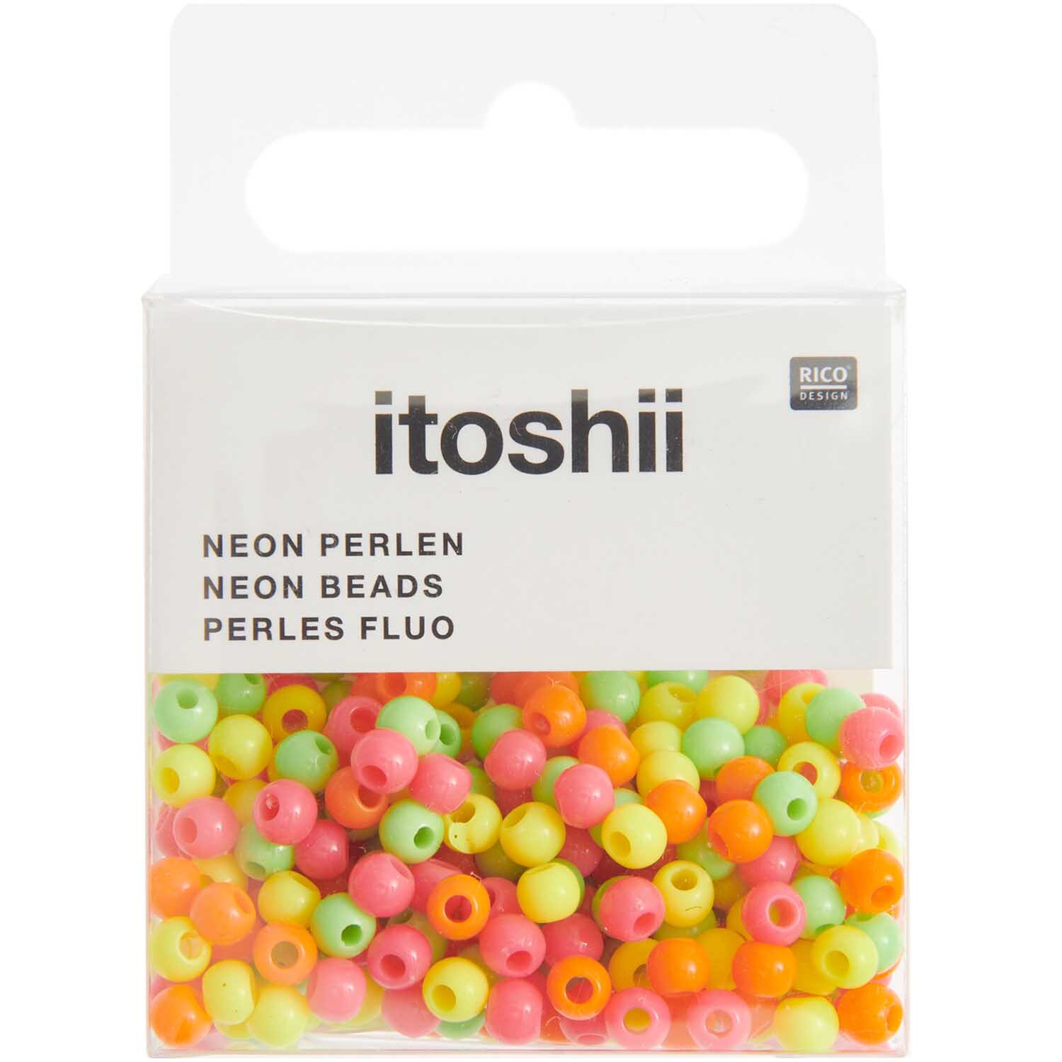 itoshii Kunststoffperlen neon Mix 4mm, 300 Stück in leuchtenden Farben, verpackt in einer transparenten Box von Rico Design.