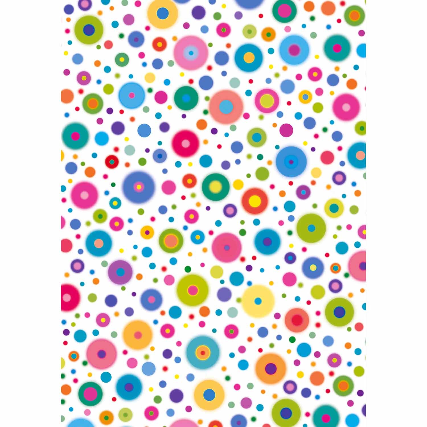 Transparentpapier mehrfarbige Kreise 50x60cm zeigt bunte, unterschiedlich große Kreise auf weißem Hintergrund. Marke: Marpa Jansen.