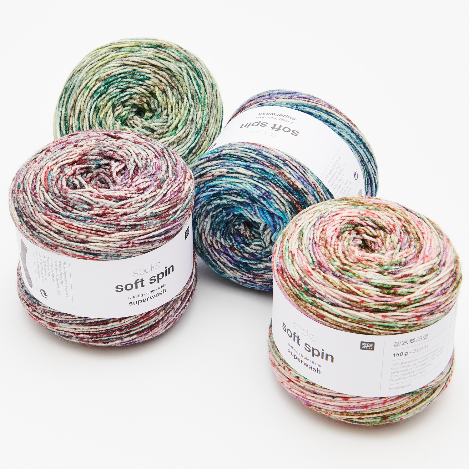 Socks Soft Spin 6-fädig Wolle in verschiedenen Farbtönen, ideal für kreative Strickprojekte.