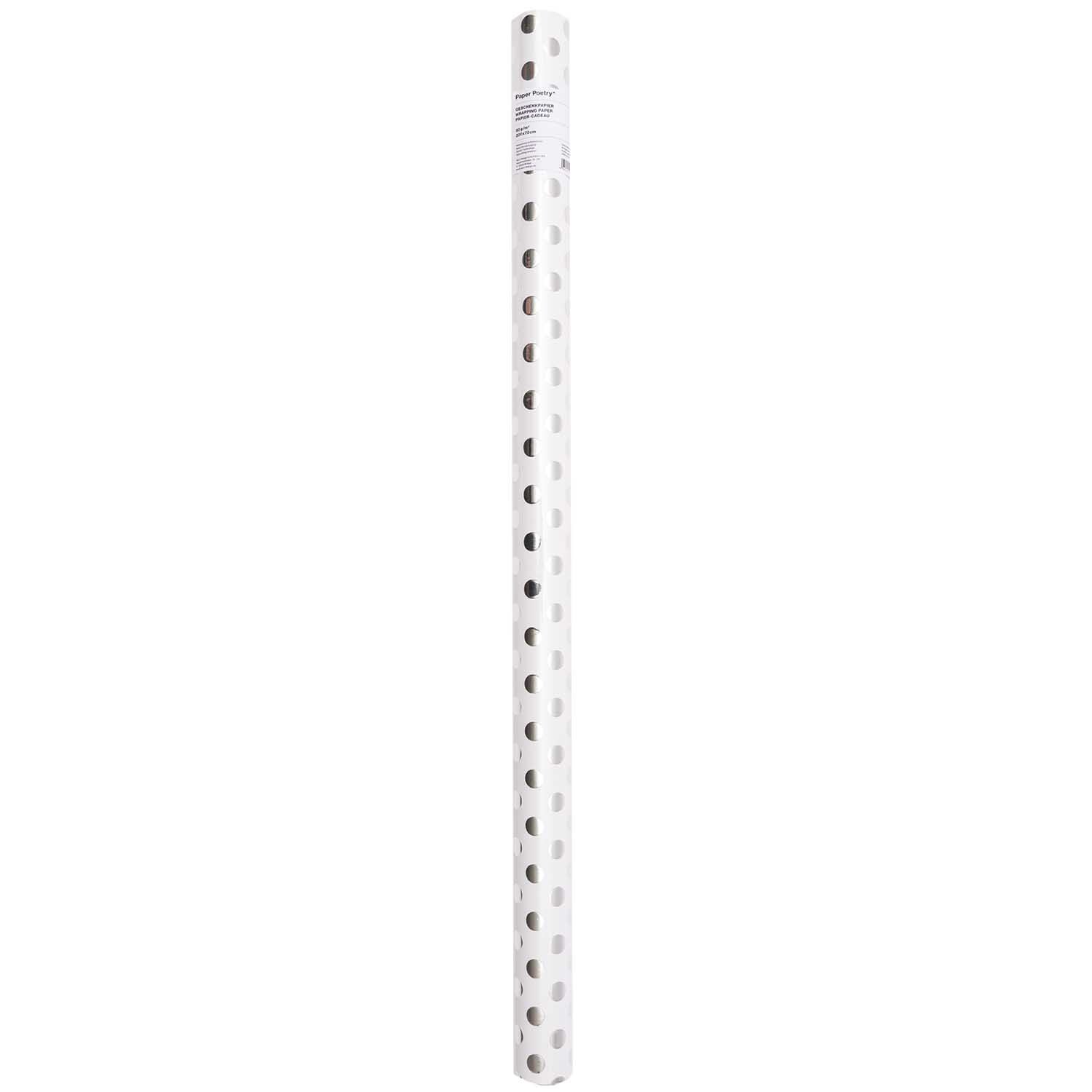Paper Poetry Geschenkpapier mit silbernen Punkten auf weißem Hintergrund, Rolle von 70cm x 2m. Ideal für stilvolle Verpackungen.