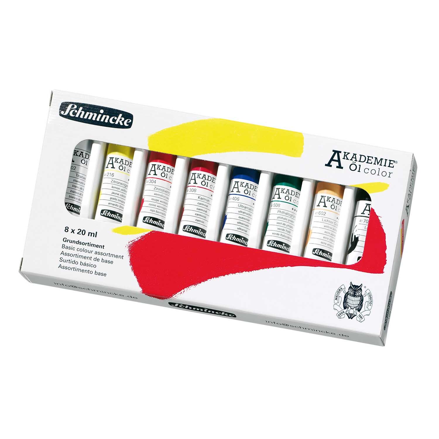 Akademie Öl Color Set 8x20ml mit acht mehrfarbigen Tuben in einer Schachtel von Schmincke. Ideal für Künstler.