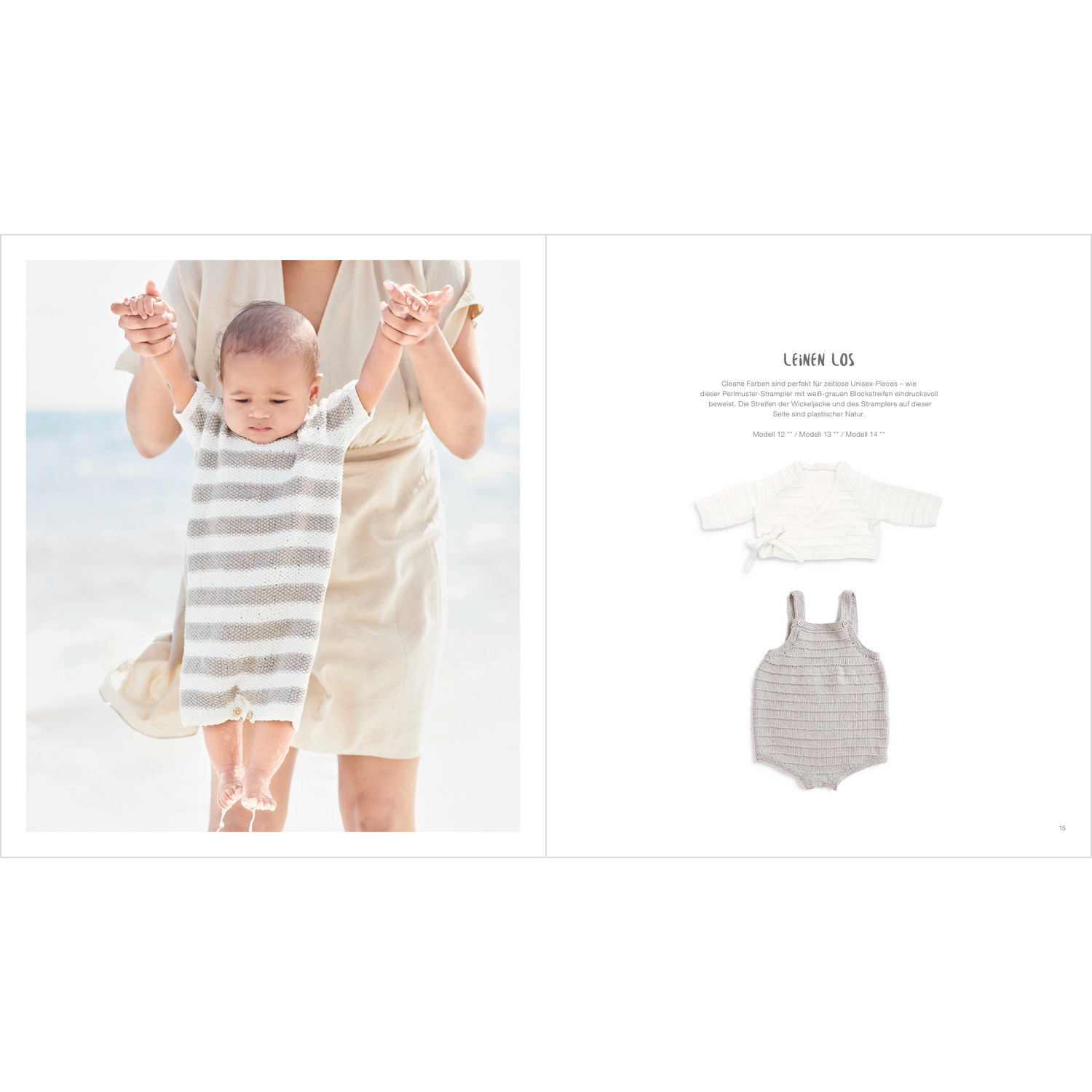 Baby Heft Nr.39 zeigt ein lächelndes Baby in einem gestreiften Outfit am Strand, gehalten von einer Person.