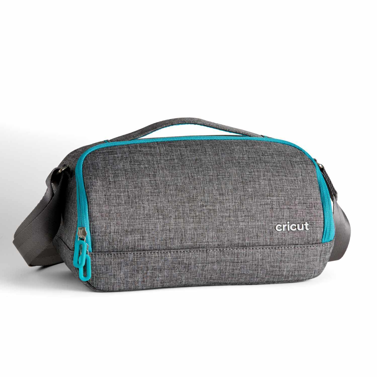 Joy Carry Case Transporttasche in Grau mit türkisfarbenen Akzenten, ideal für Cricut-Geräte.