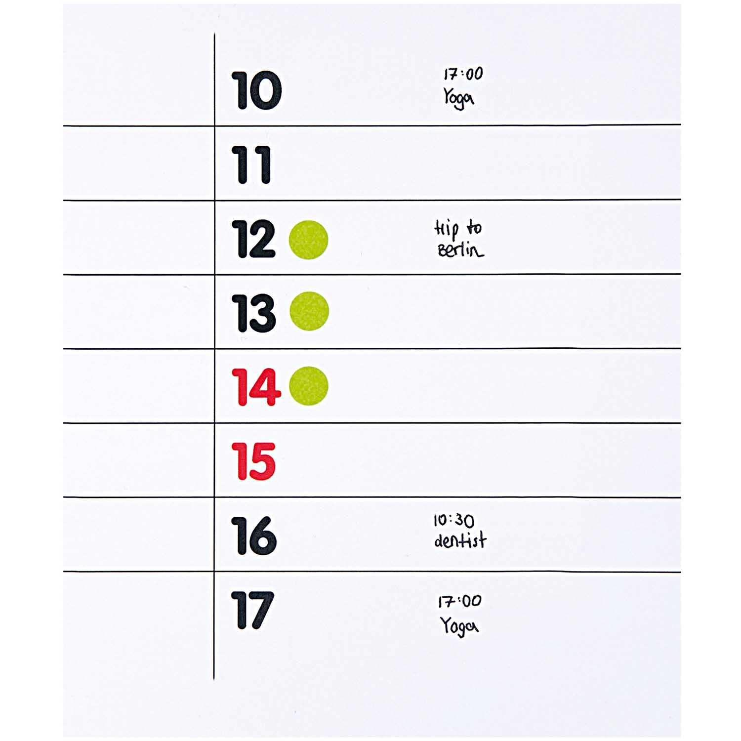 Office Sticker Punkte 15mm 4 Bogen: Neongrüne Punkte auf einem Wochenplaner, ideal für Termine.