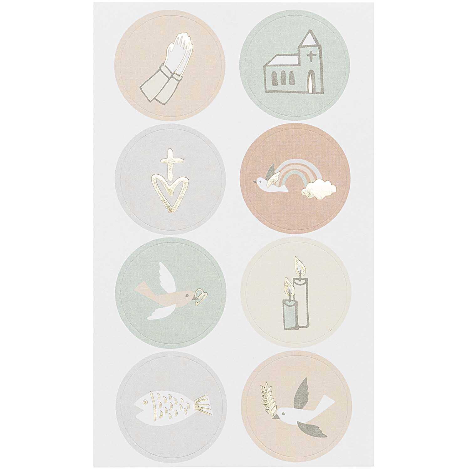 Paper Poetry Sticker Kommunion und Konfirmation 4 Blatt mit christlichen Symbolen in sanften Pastelltönen.