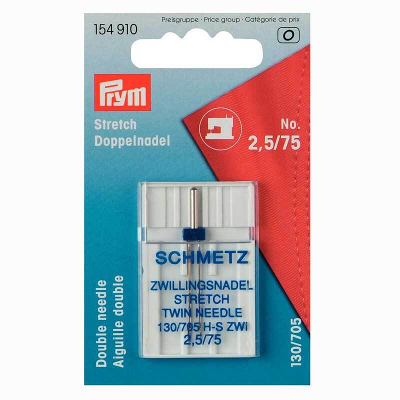 Doppel-Nähmaschinennadel 130/705 2,5mm Stretch Nr.75 von Prym in Verpackung mit rotem und blauem Design.