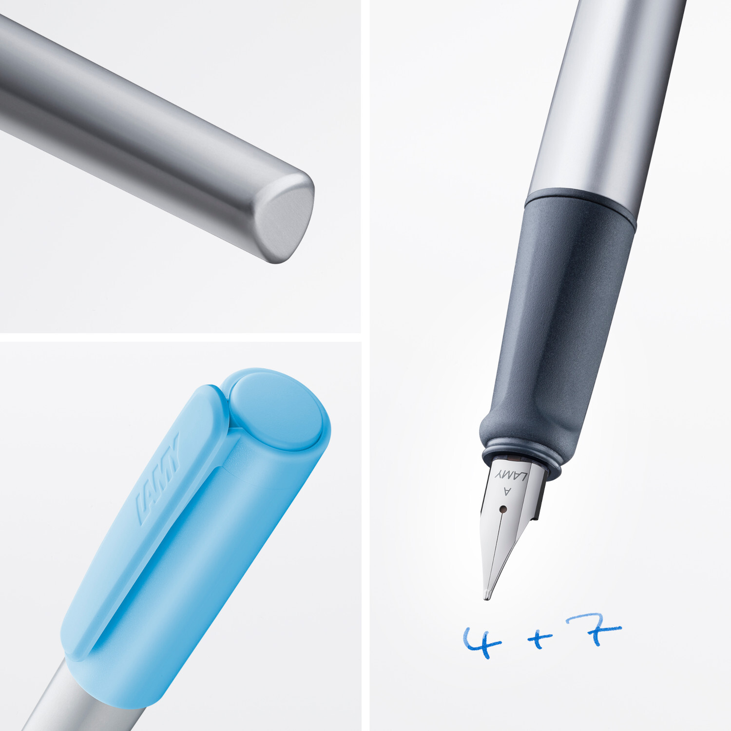 Füllhalter nexx mit Feder A in Azure von Lamy. Detailansicht der blauen Kappe und silbernen Spitze.