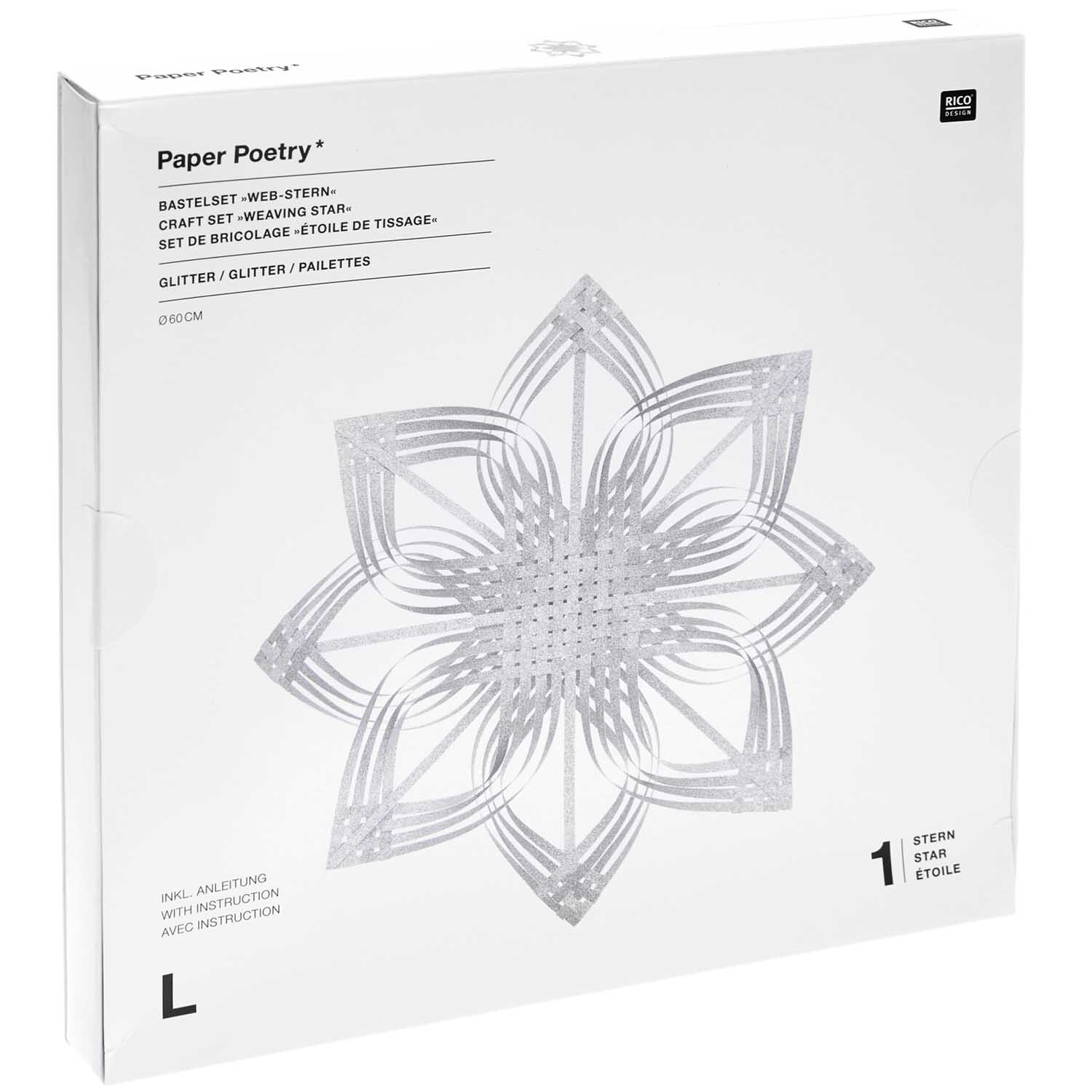 Paper Poetry Web-Stern Größe L aus 270g/m2 Papier, dekorativer Stern mit silbernem Glitzer von Rico Design.