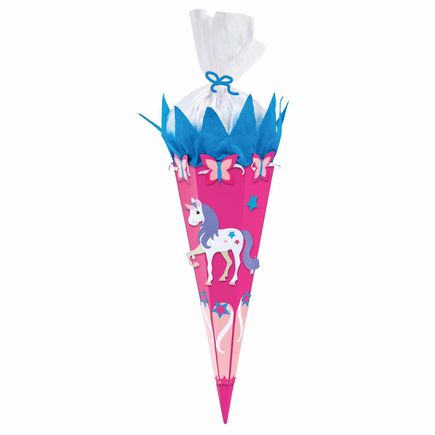 Schultüte Bastelset Einhorn mit buntem Design, verziert mit Einhorn und Schmetterlingen, 70 cm groß. Ideal für den Schulanfang.