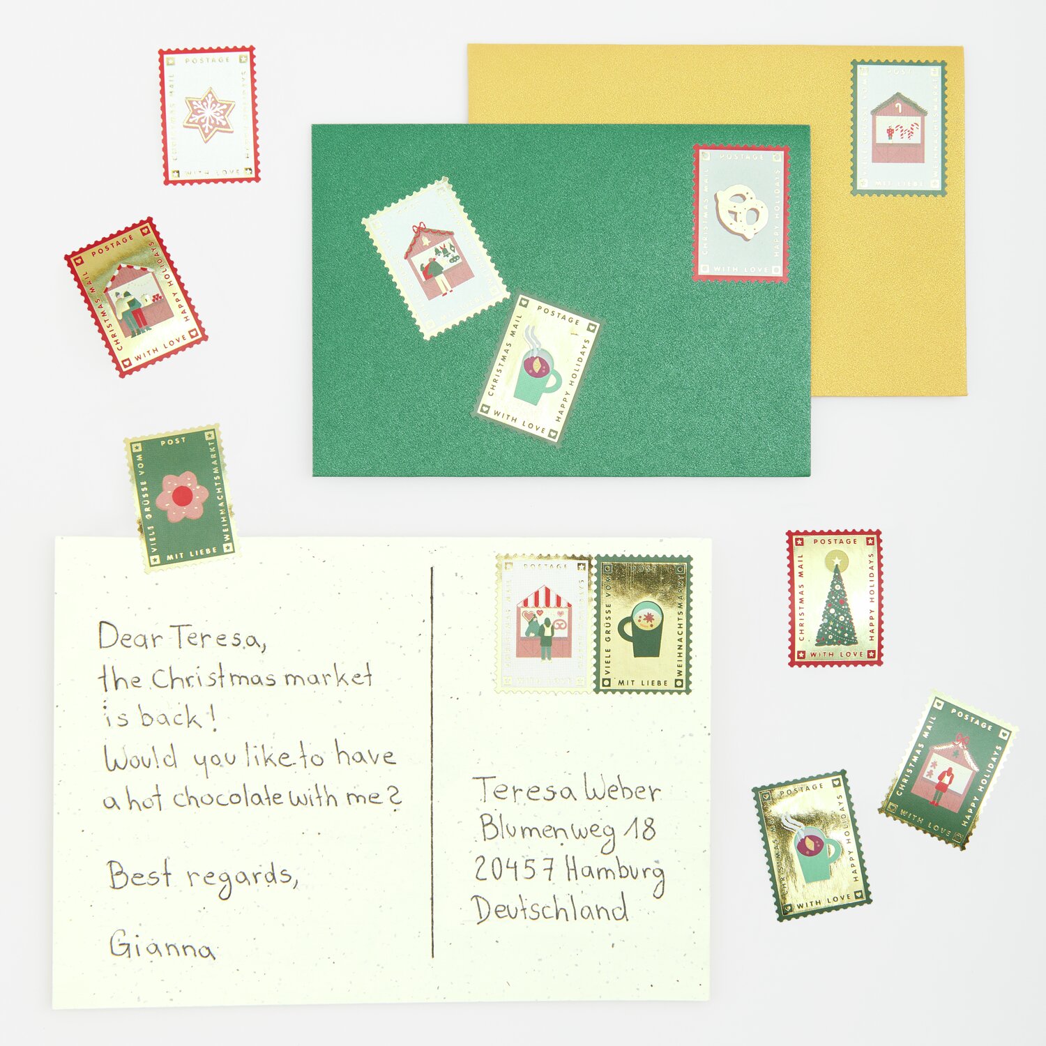 Paper Poetry Mini-Sticker Weihnachtsmarkt Briefmarken, 120-teilig, auf bunten Umschlägen.