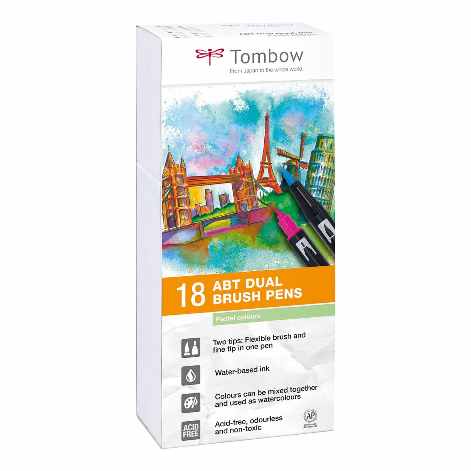 ABT Dual Brush Pen Pastellfarben 18er Set von Tombow, ideal für kreative Projekte. Enthält flexible Pinselspitzen und feine Spitzen in einem Stift.