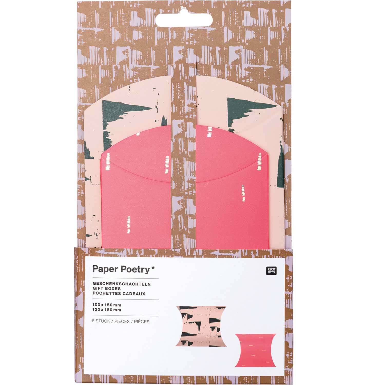 Paper Poetry Geschenkschachteln, 6 Stück, zeigen ein modernes, mehrfarbiges Design von Rico Design. Ideal für stilvolle Geschenkverpackungen.