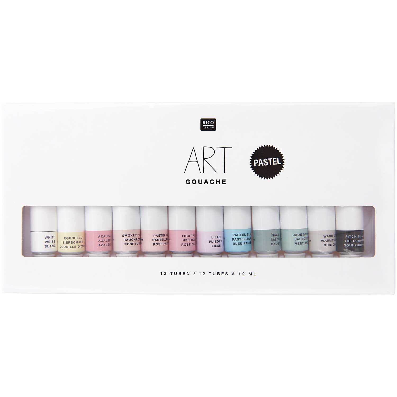 ART Gouache Set Pastell 12x 12ml von Rico Design zeigt 12 pastellfarbene Tuben in einer weißen Verpackung.
