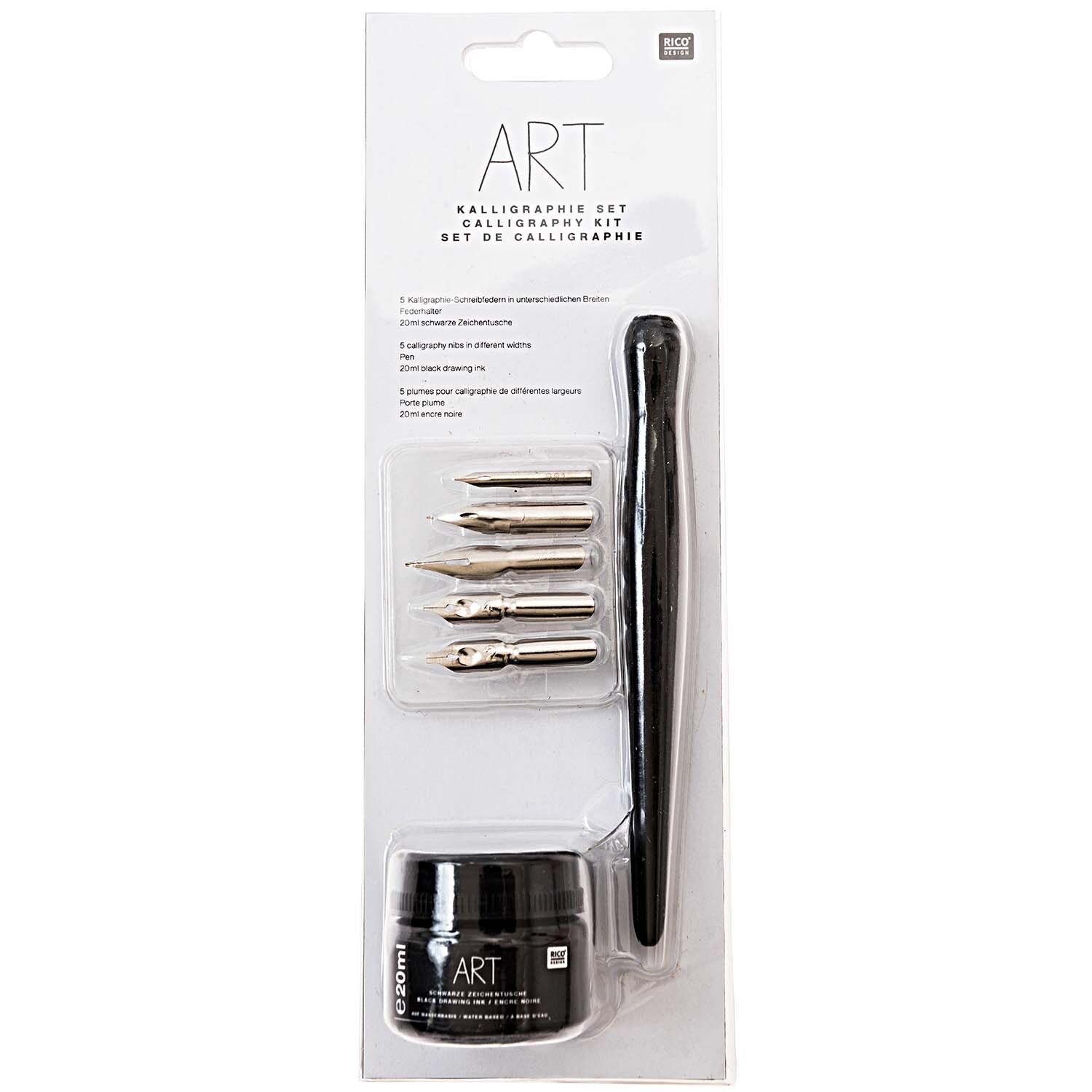 ART Kalligraphie-Set von Rico Design, 7-teilig, mit schwarzem Stift, Tintenfass und fünf Federn. Ideal für kreative Schreibprojekte.