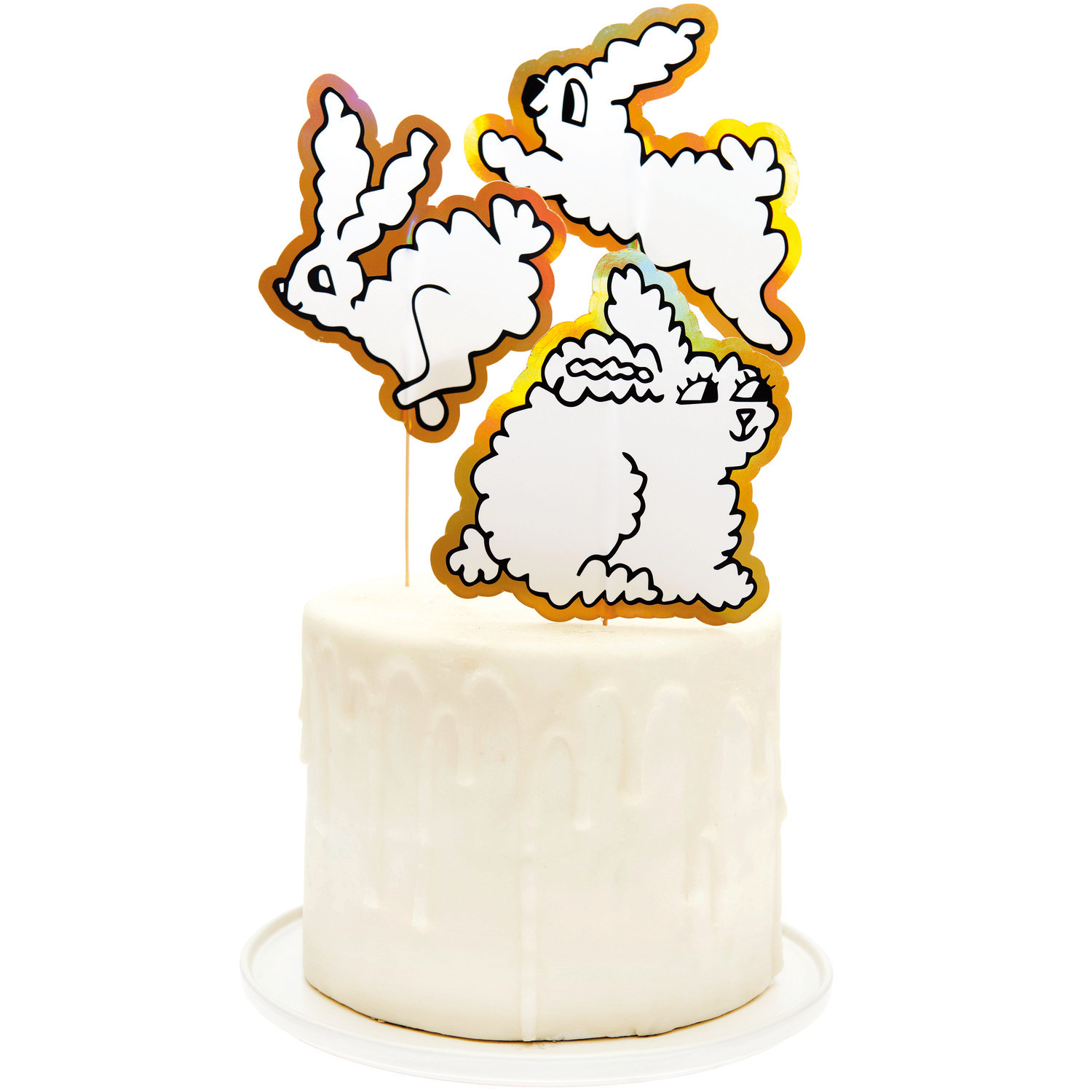 Picker Hasen XL: Drei weiße Hasen-Kuchenpicker von Rico Design auf einer Torte, gold umrandet.