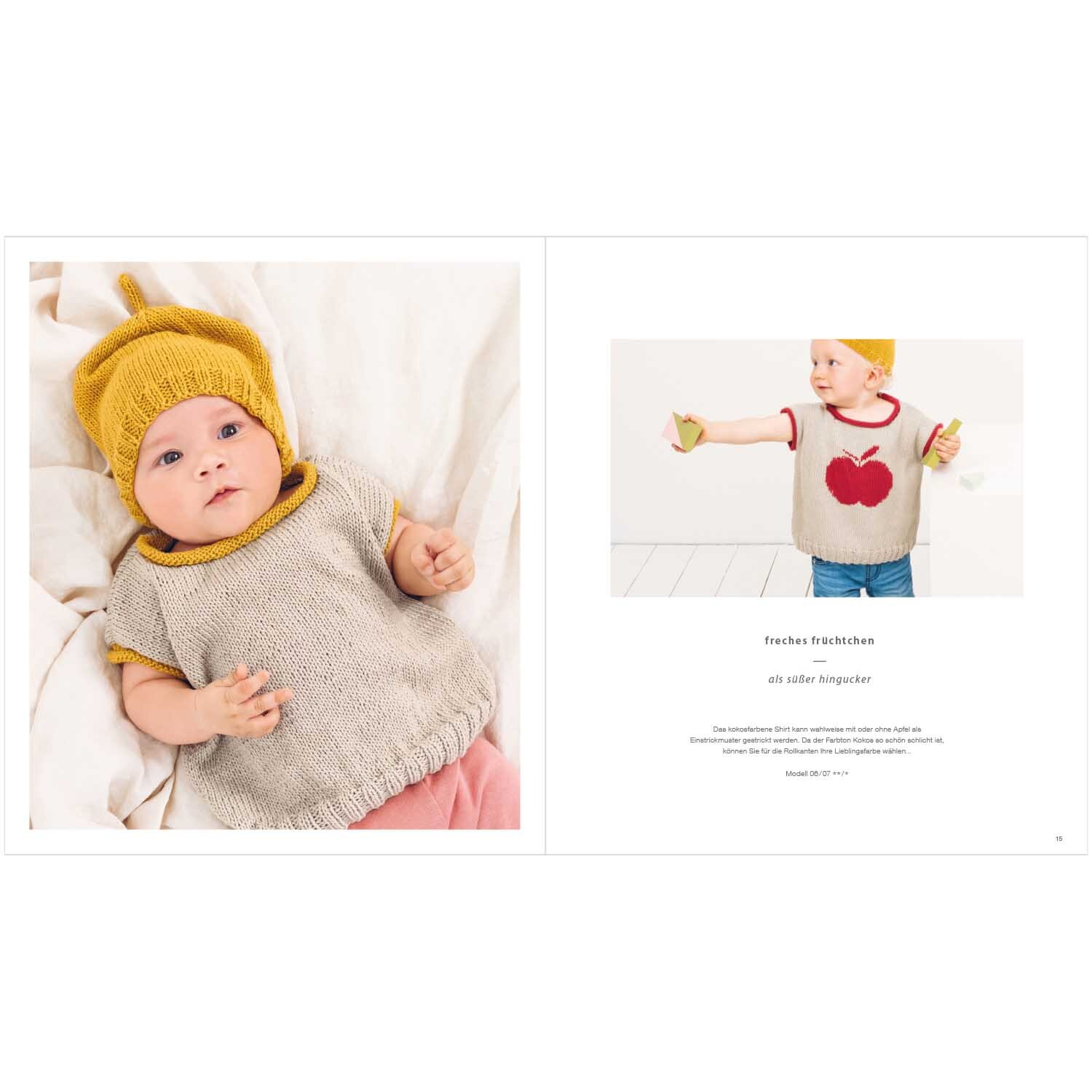 Rico Baby Heft Nr.27 zeigt ein Baby in einem grauen Strickoberteil mit gelber Mütze, von Rico Design.