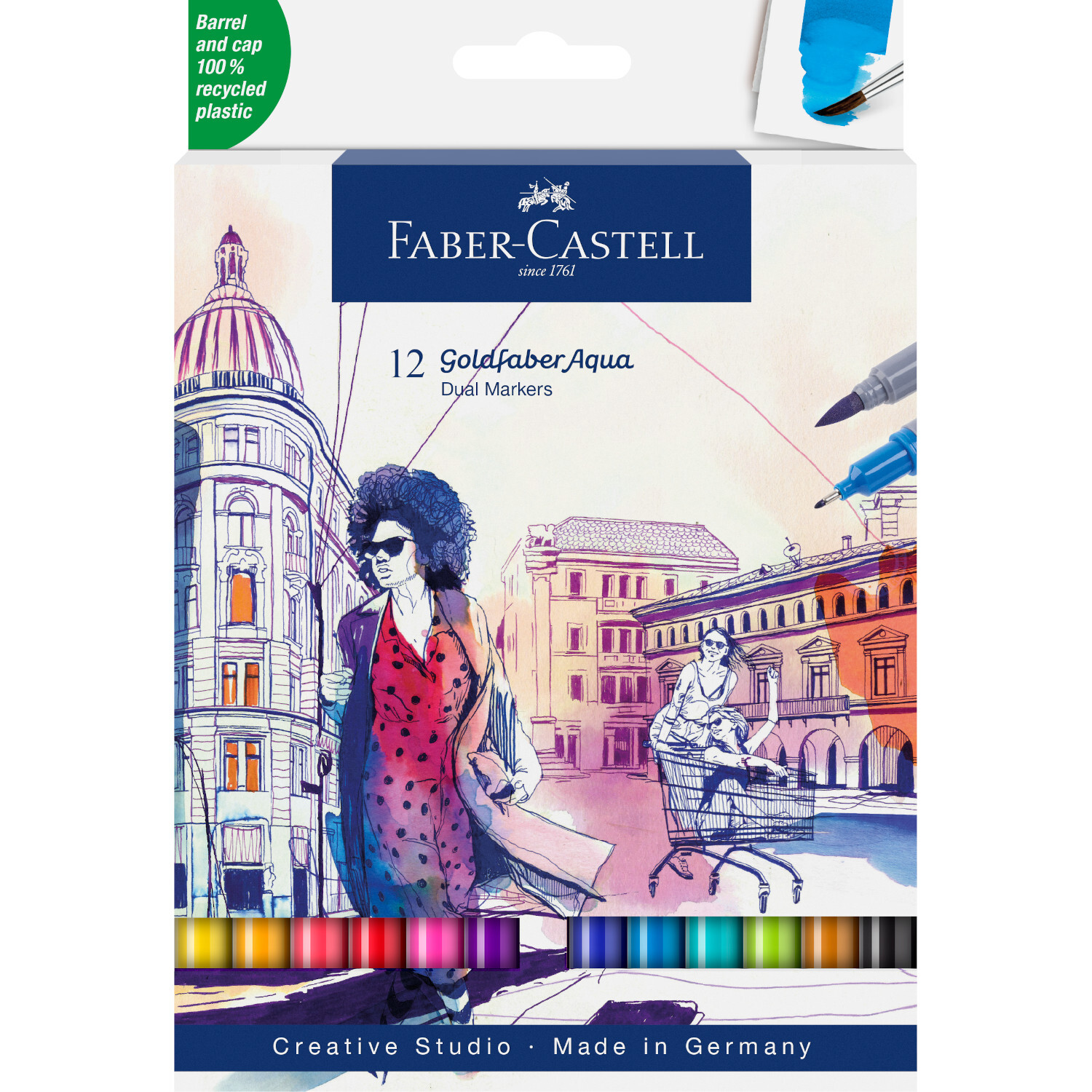 Aqua Dual Marker Set, 12-teilig, von Faber Castell, mit lebendigen Farben und kreativer Verpackung. Ideal für Künstler und Designer.