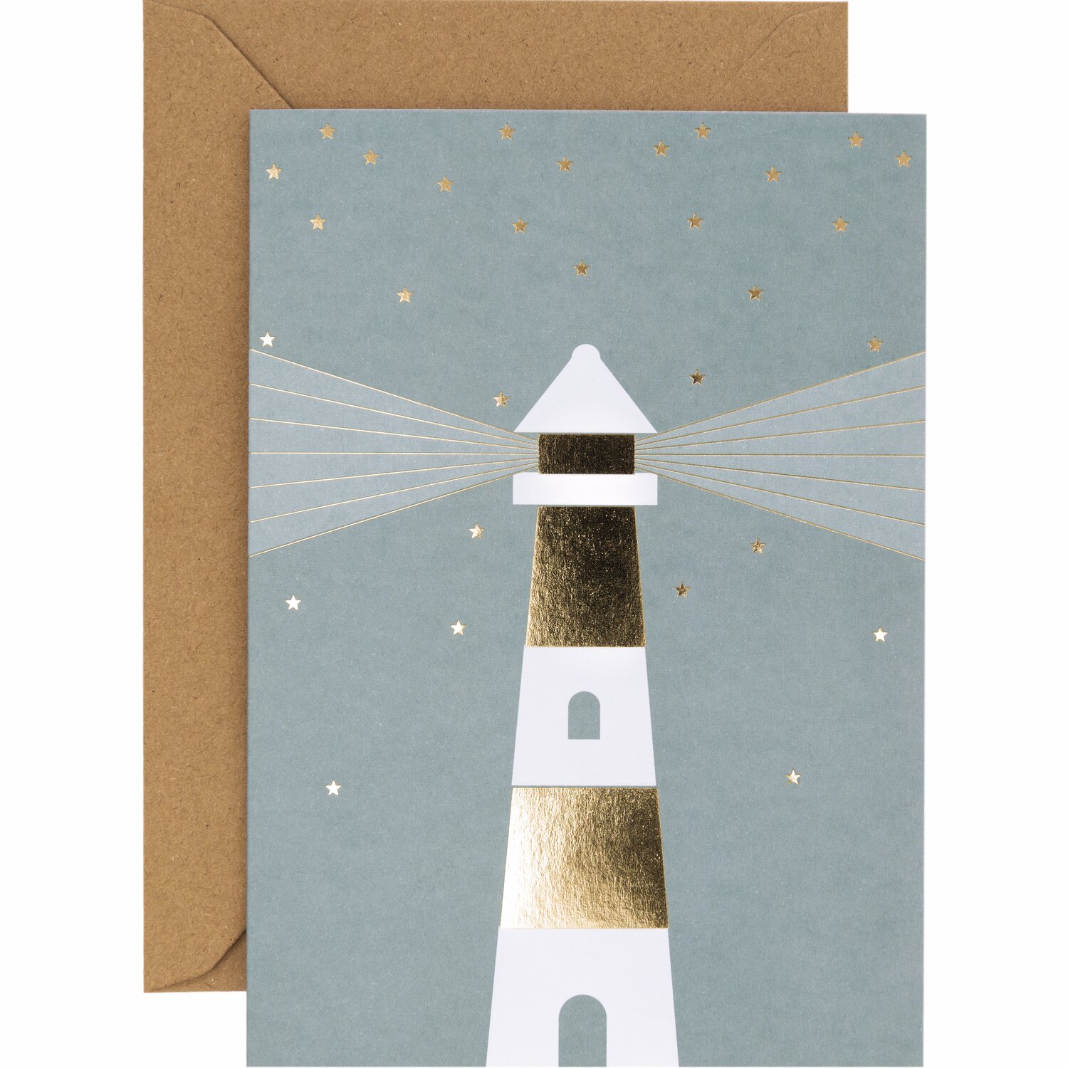Paper Poetry Kartenset Leuchtturm: Elegante Karte mit goldenen Akzenten auf blauem Hintergrund, 20-teilig.