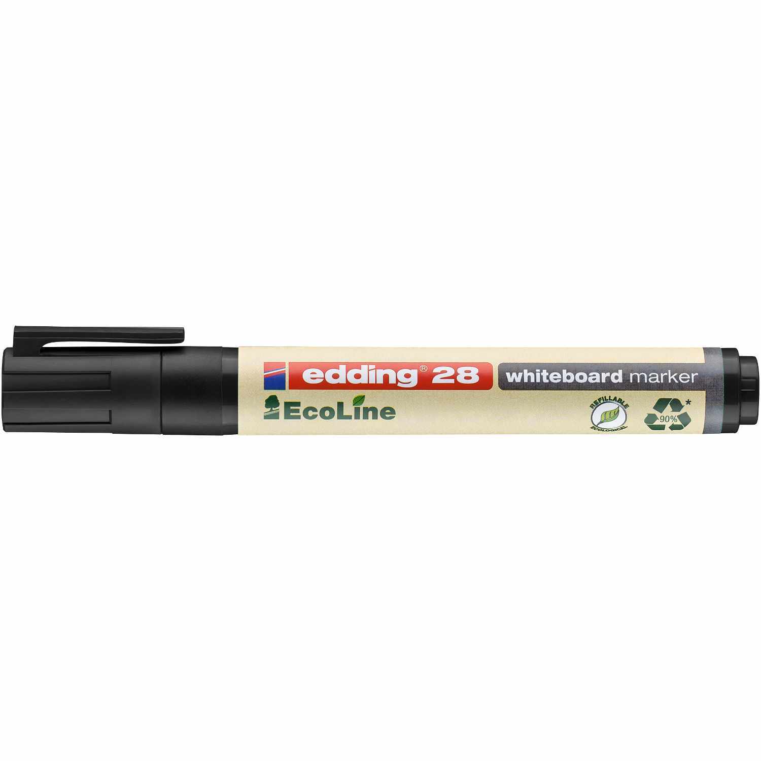 28 EcoLine Whiteboardmarker 1,5-3mm von edding in Schwarz, ideal für präzises Schreiben auf Whiteboards. Umweltfreundliches Design mit Recycling-Symbolen.