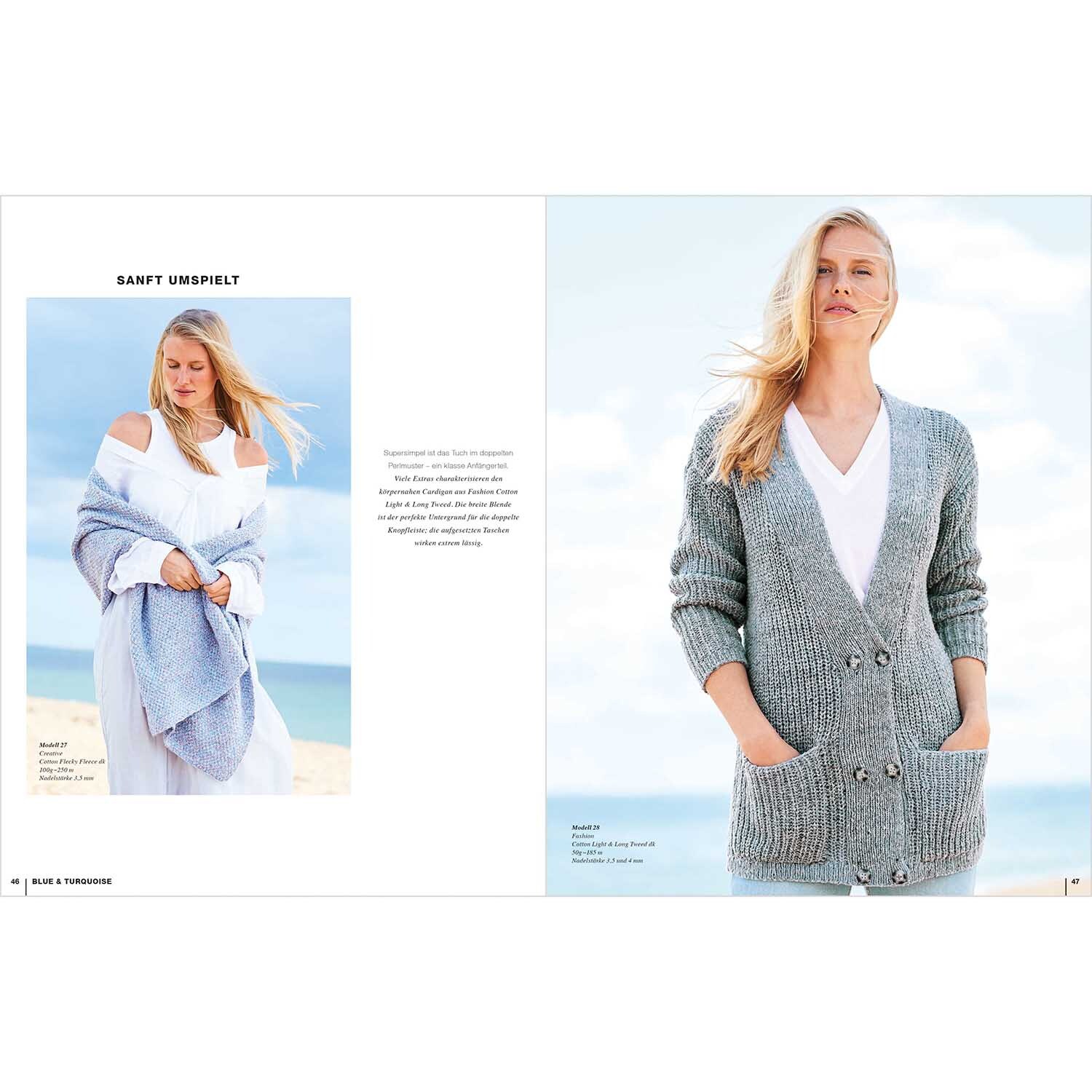 Lovewool Nr.14 Handstrickmagazin Frühjahr-Sommer zeigt eine Frau am Strand in einem grauen Cardigan von Rico Design.