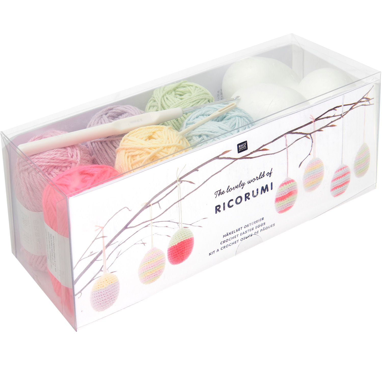 Häkelset Ricorumi Ostereier pastell: 15-teiliges Set mit Garnen in sanften Farben und Zubehör in transparenter Box. Ideal für kreative Projekte.