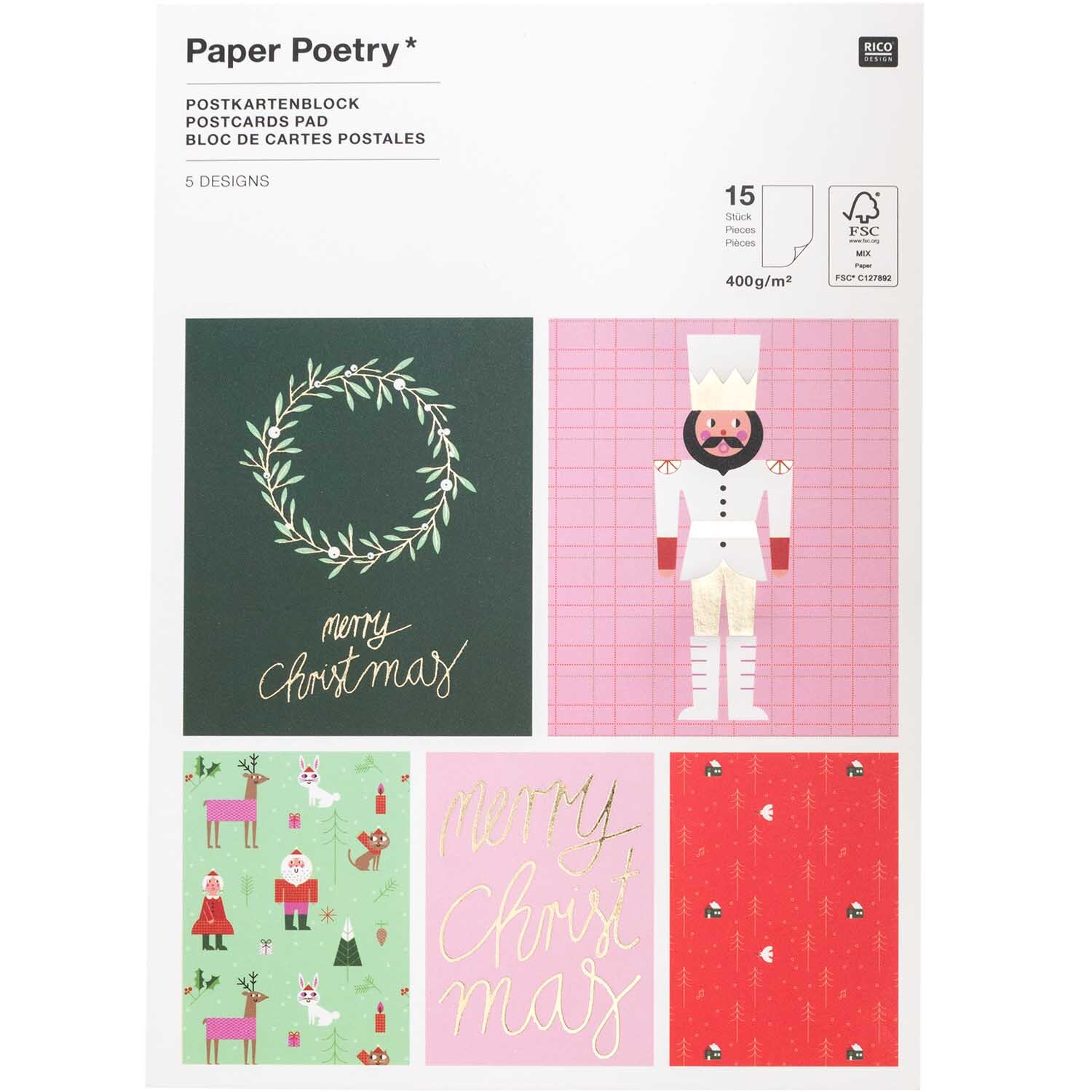 Paper Poetry Postkartenblock Christmas is in the air mit 15 weihnachtlichen Designs von Rico Design, darunter Nussknacker und Kranzmotive.