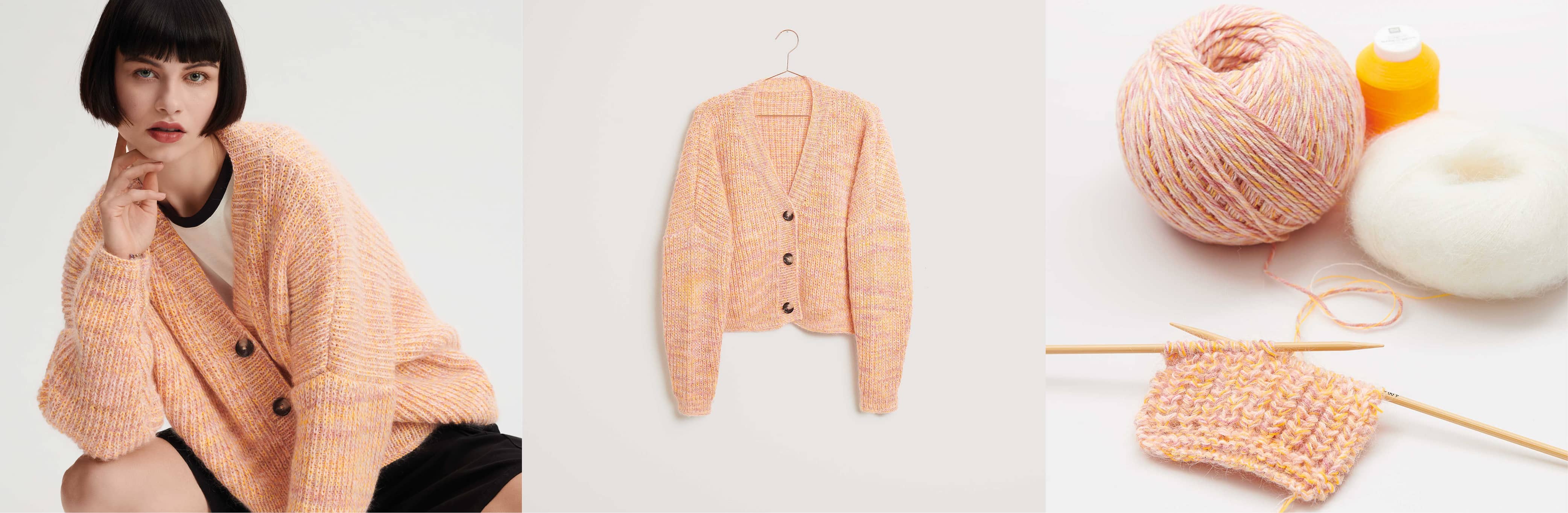 Gestrickter Cardigan in Orange meliert Modell 11 aus Made by Me No. 18 getragen am Model und auf einem Kleiderbügel. Daneben Wollknäuel in Bunt, Weiß und Orange und ein Strickstück an Stricknadeln