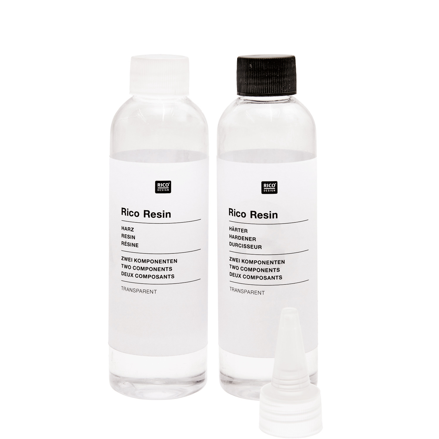 Epoxidharz transparent von Rico Design: Zwei Flaschen mit Harz und Härter, klar und vielseitig einsetzbar für kreative Projekte.