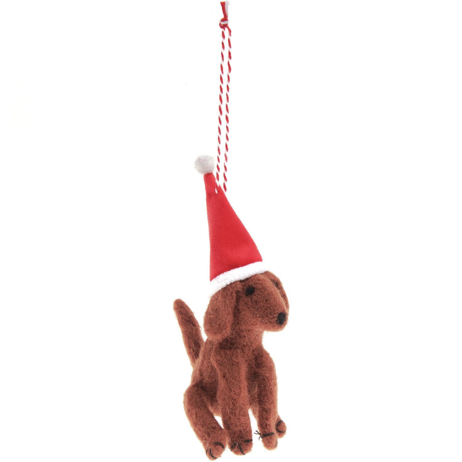 Filzhänger Weihnachtshund Braun: Niedlicher Hund aus Filz mit roter Mütze, ideal als Weihnachtsdekoration. Größe: 14x5x8cm.