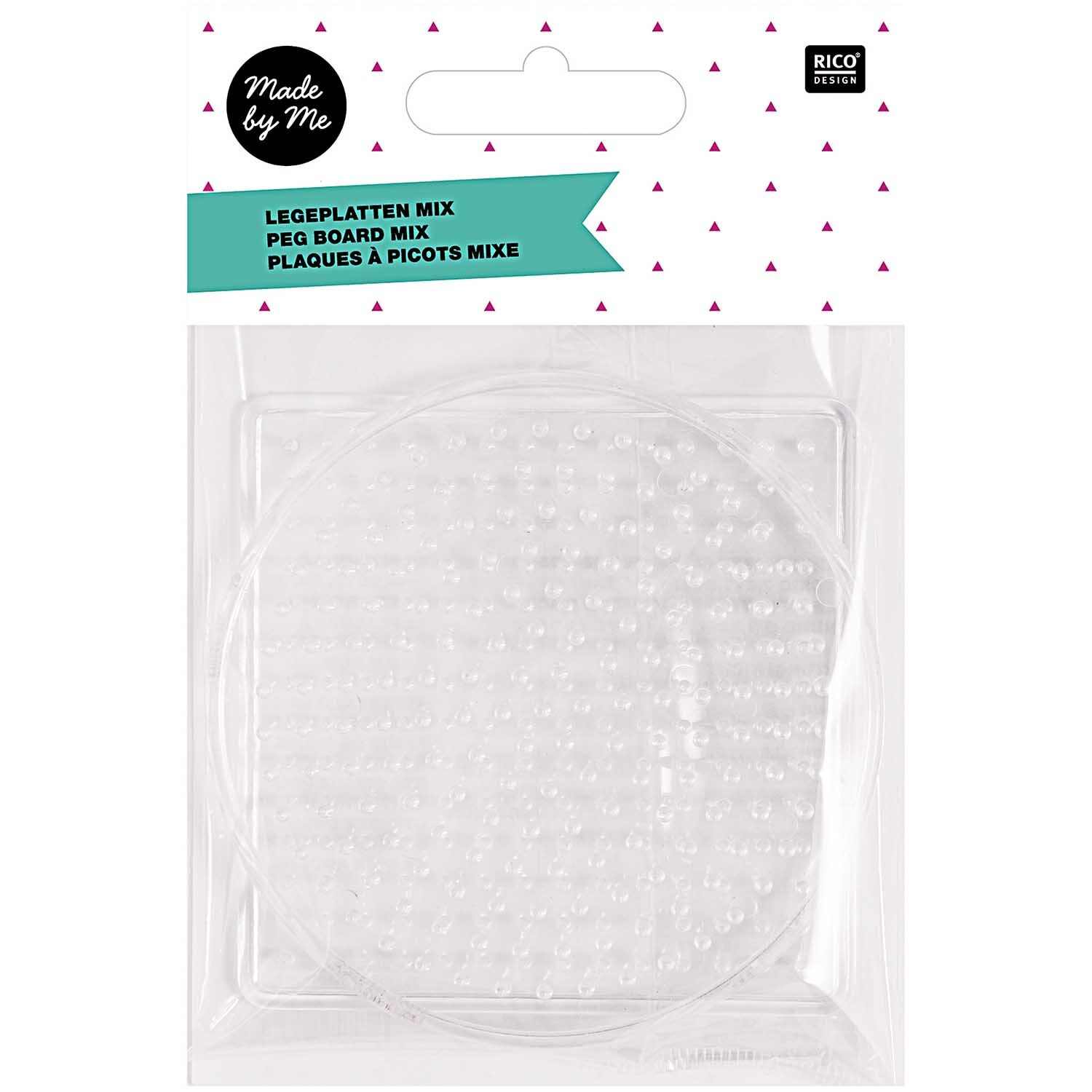 Bügelperlen Legeplatten klein 2 Stück von Rico Design, transparent, in Verpackung mit geometrischem Muster. Ideal für kreative Bastelprojekte.