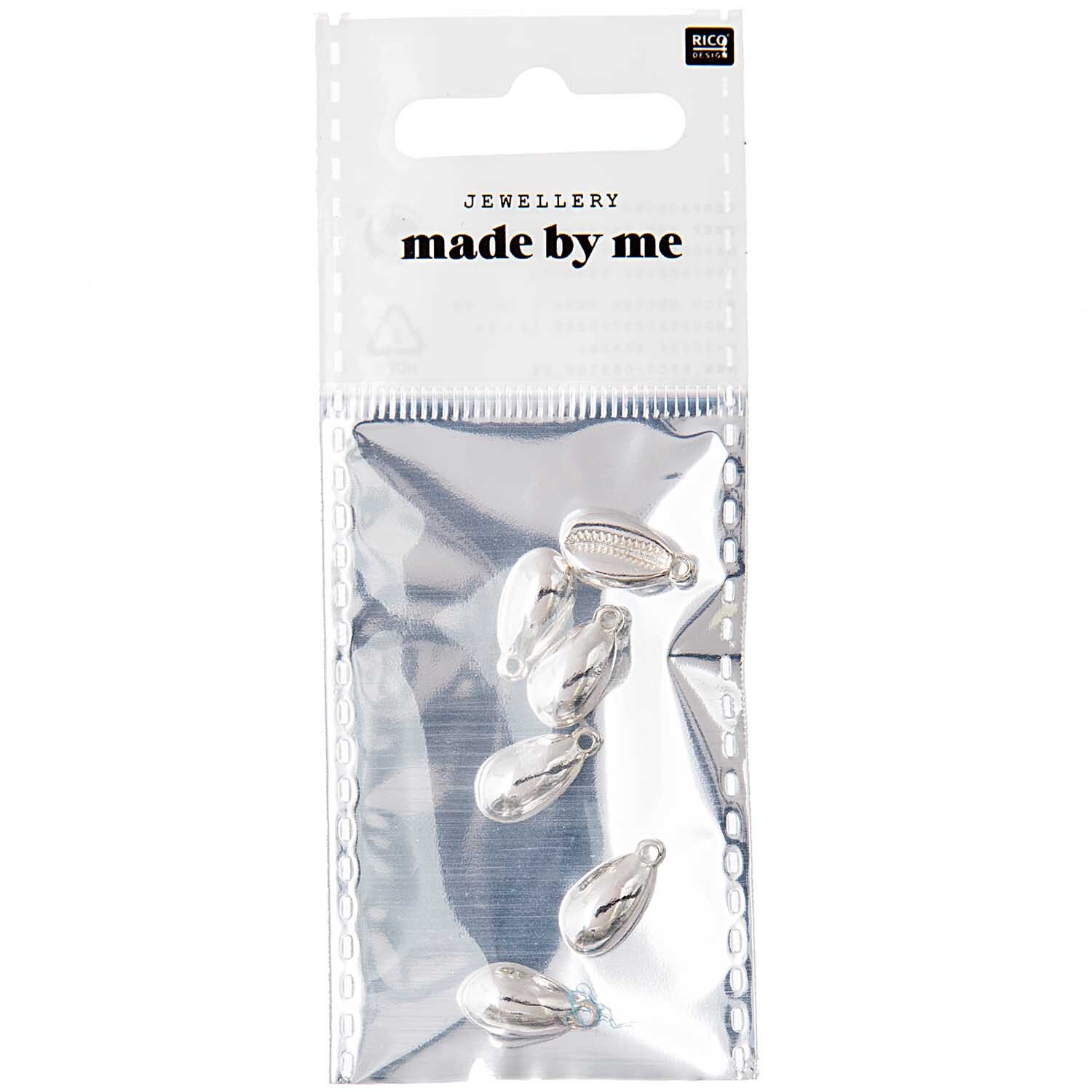 Muscheln mit Öse 6 Stück von Rico Design in einer transparenten Verpackung, ideal für Schmuckherstellung.