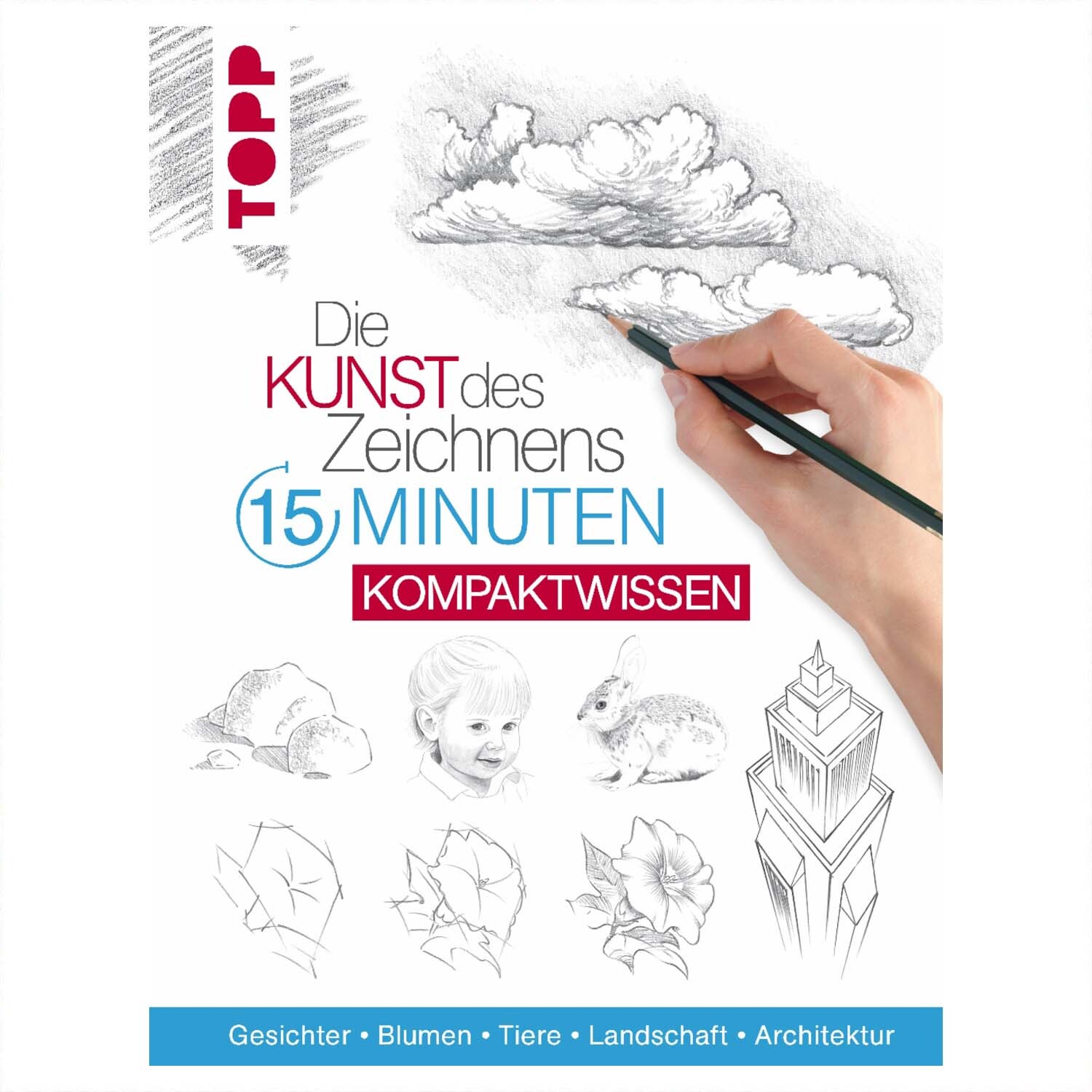 Die Kunst des Zeichnens - 15 Minuten Kompaktwissen: Hand zeichnet Wolken, umgeben von Skizzen. Marke: TOPP.