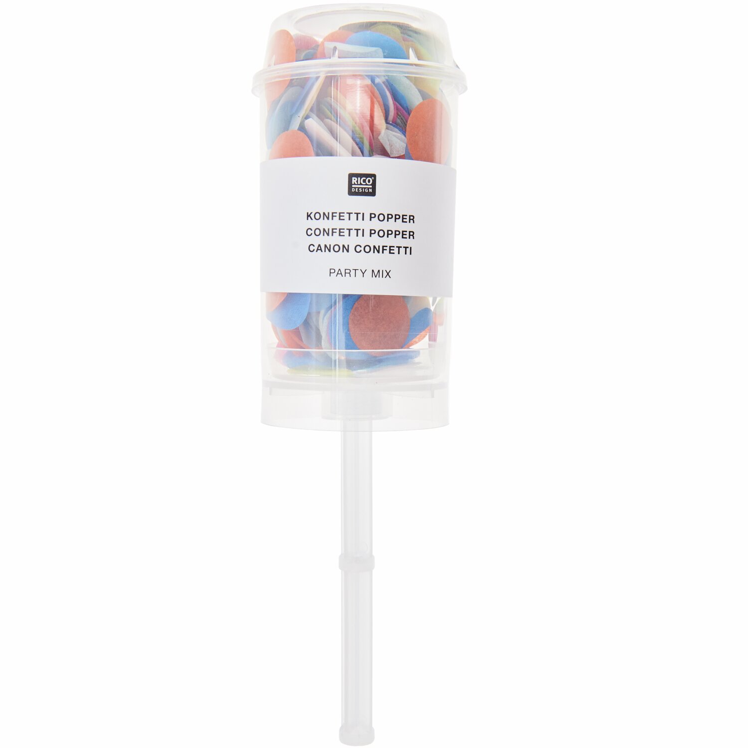 Konfetti Popper 8 g von Rico Design, Party Mix. Bunte Konfettimischung in transparentem Behälter. Perfekt für Feiern und Events.