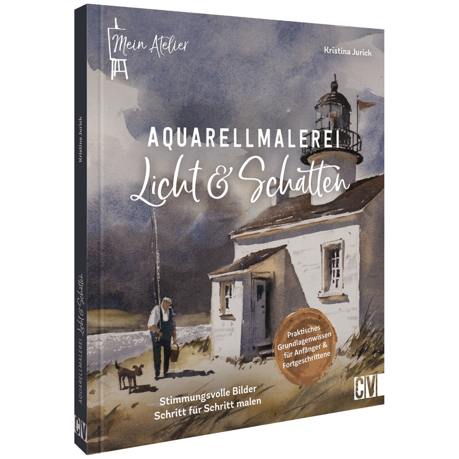 Aquarellmalerei Licht & Schatten: Buchcover zeigt Leuchtturm bei Sonnenuntergang, Christophorus Verlag.