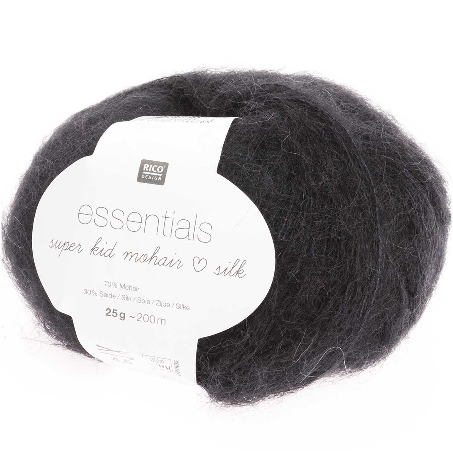 Essentials Super Kid Mohair Loves Silk: Weiches, schwarzes Garn von Rico Design, ideal für feine Strickprojekte.