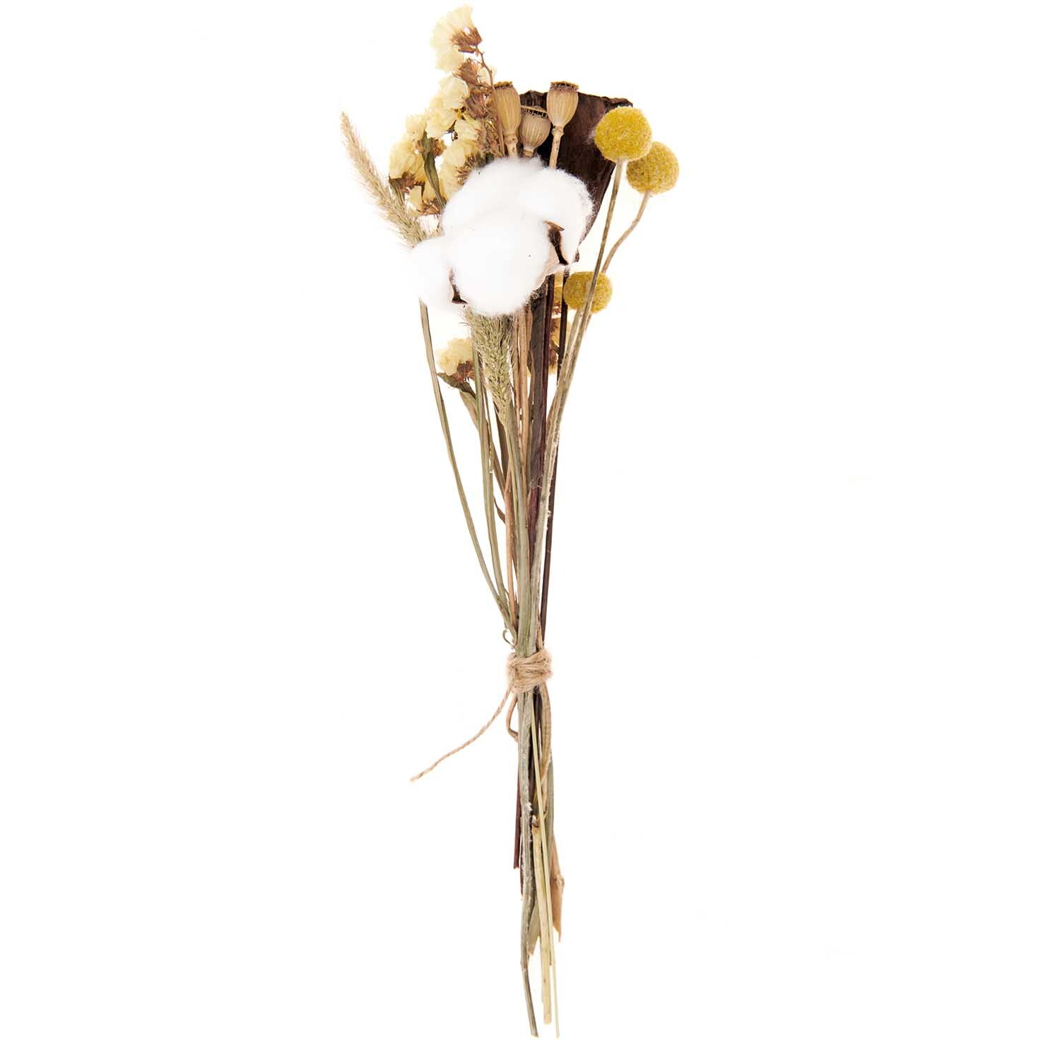 Trockenblumenstrauß natur-gelb 30cm von Rico Design, bestehend aus 13 Teilen, mit gelben und weißen Blüten.