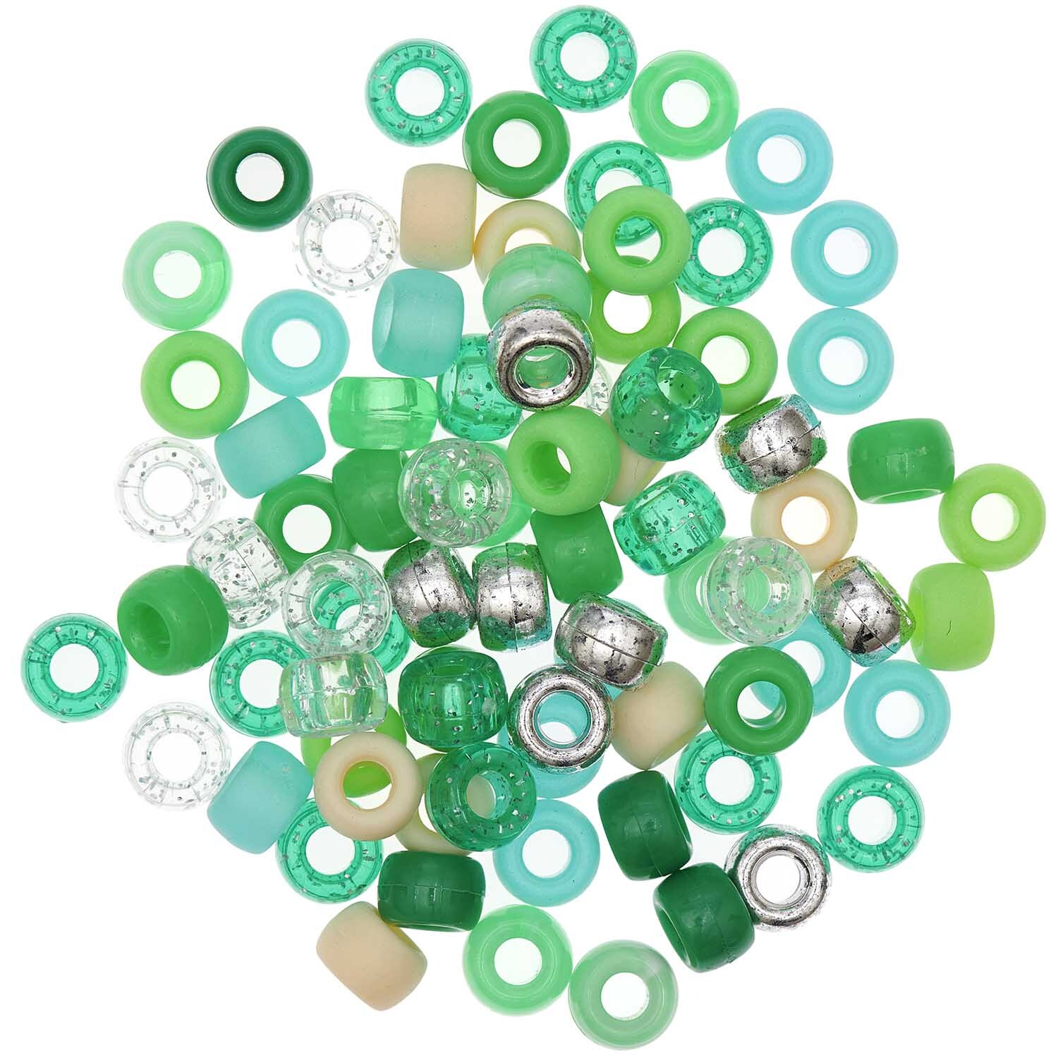itoshii - Ponii Beads Grün Mix 9x6mm 80 Stück, bunte Perlen von Rico Design in verschiedenen Grüntönen und Silber, ideal für kreative Bastelprojekte.