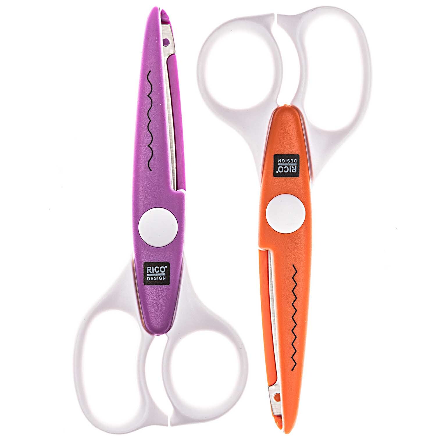 Konturenscheren Set: Zwei Scheren von Rico Design in Lila und Orange, ideal für präzises Schneiden.