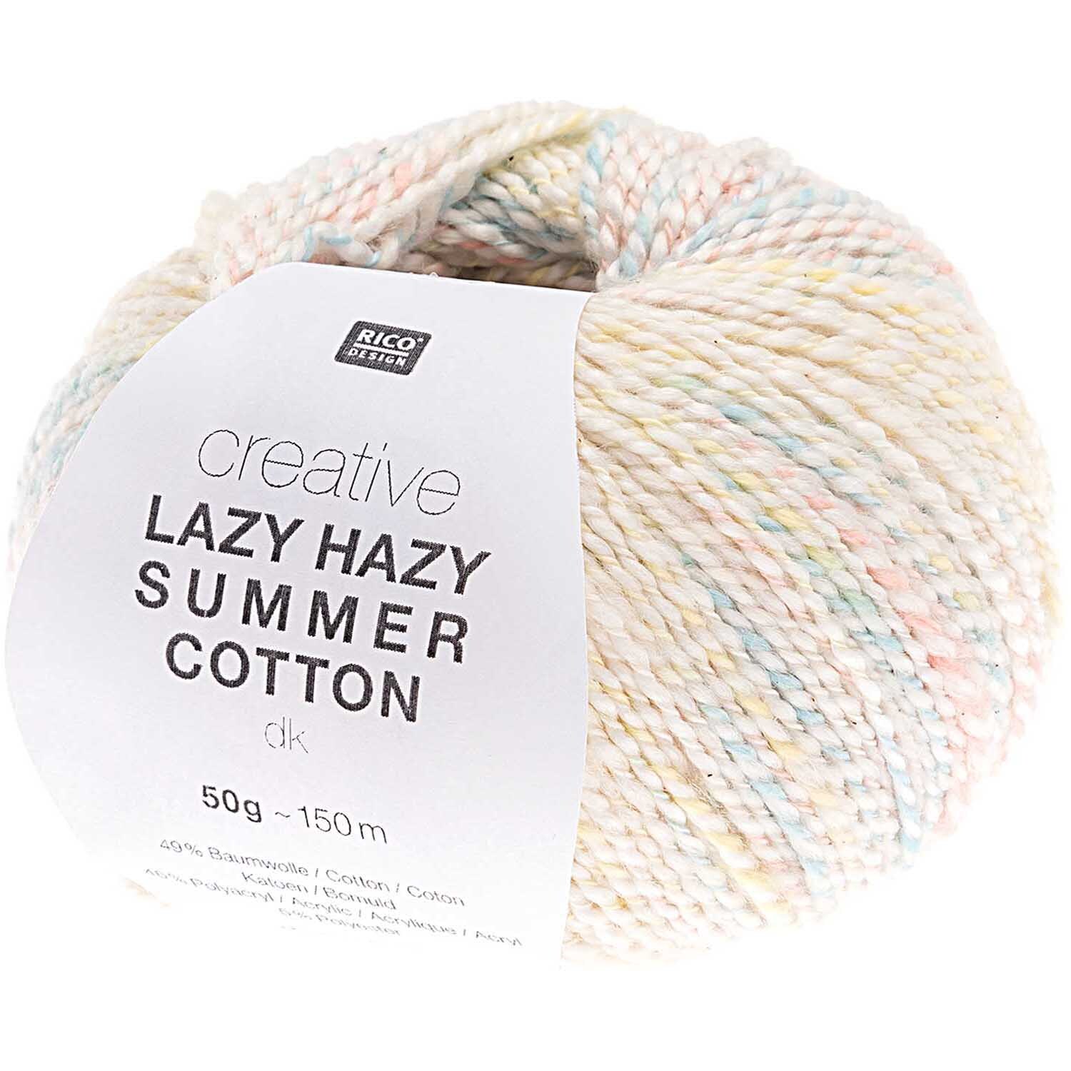 Creative Lazy Hazy Summer Cotton dk: Pastellfarbenes Strickgarn von Rico Design, ideal für Dreieckstücher.