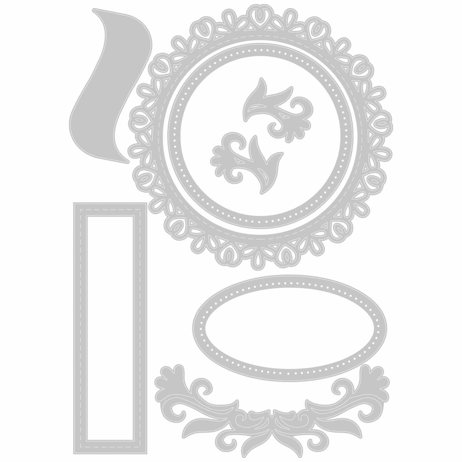 Thinlits Flourish Frames von Lisa Jones: Elegante, graue Rahmenformen von Sizzix für kreative Bastelprojekte.