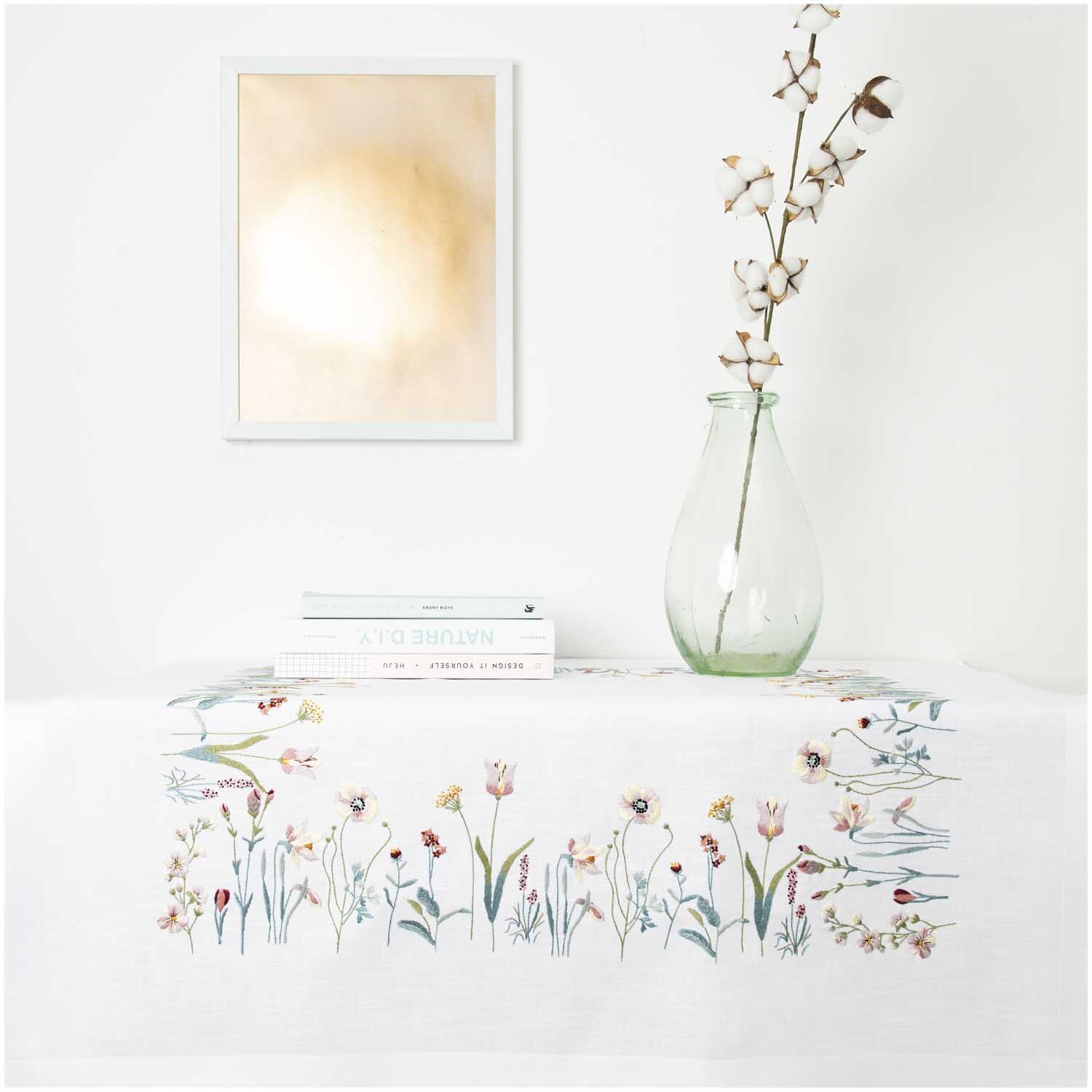 Stickpackung Tischdecke Frühlingswiese 90x90cm zeigt bunte Blumenstickerei auf weißem Stoff.