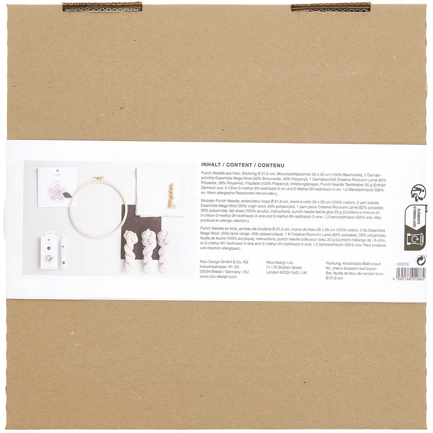 Punch Needle Packung Bild zeigt Kirschblüte-Design auf braunem Hintergrund, Marke Rico Design.