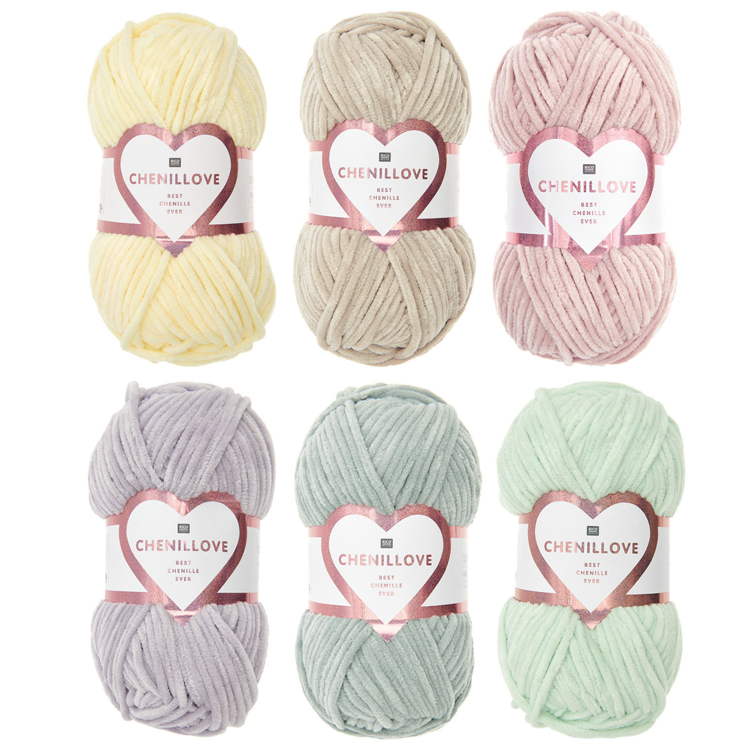 Wollpaket Chenillove Pastell von Rico Design: Sechs weiche Garnknäuel in sanften Pastelltönen. Ideal für kreative Strickprojekte.