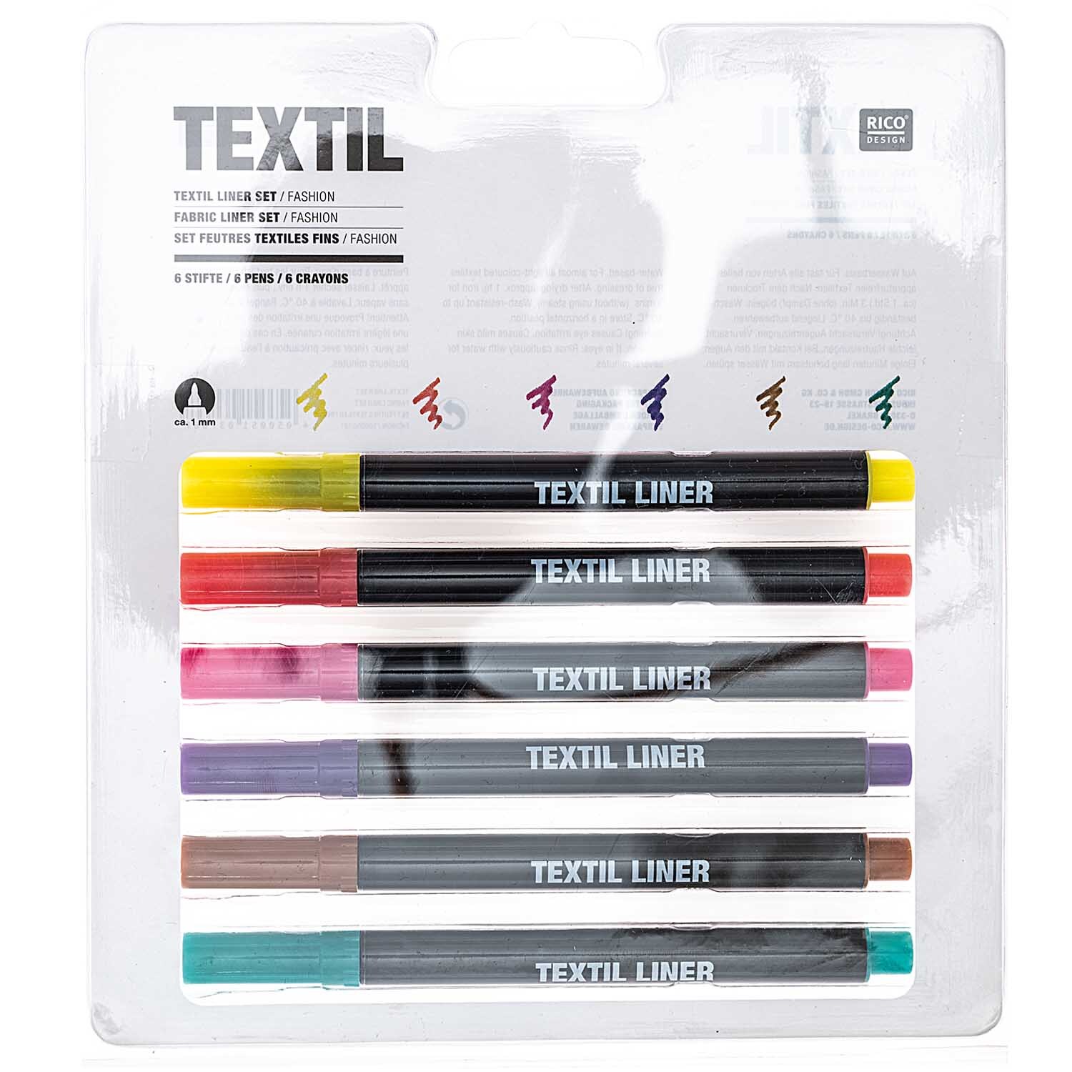 Textil Liner fashion 6 Farben von Rico Design: Set aus sechs bunten Textilmarkern in einer transparenten Verpackung. Ideal für kreative Projekte.